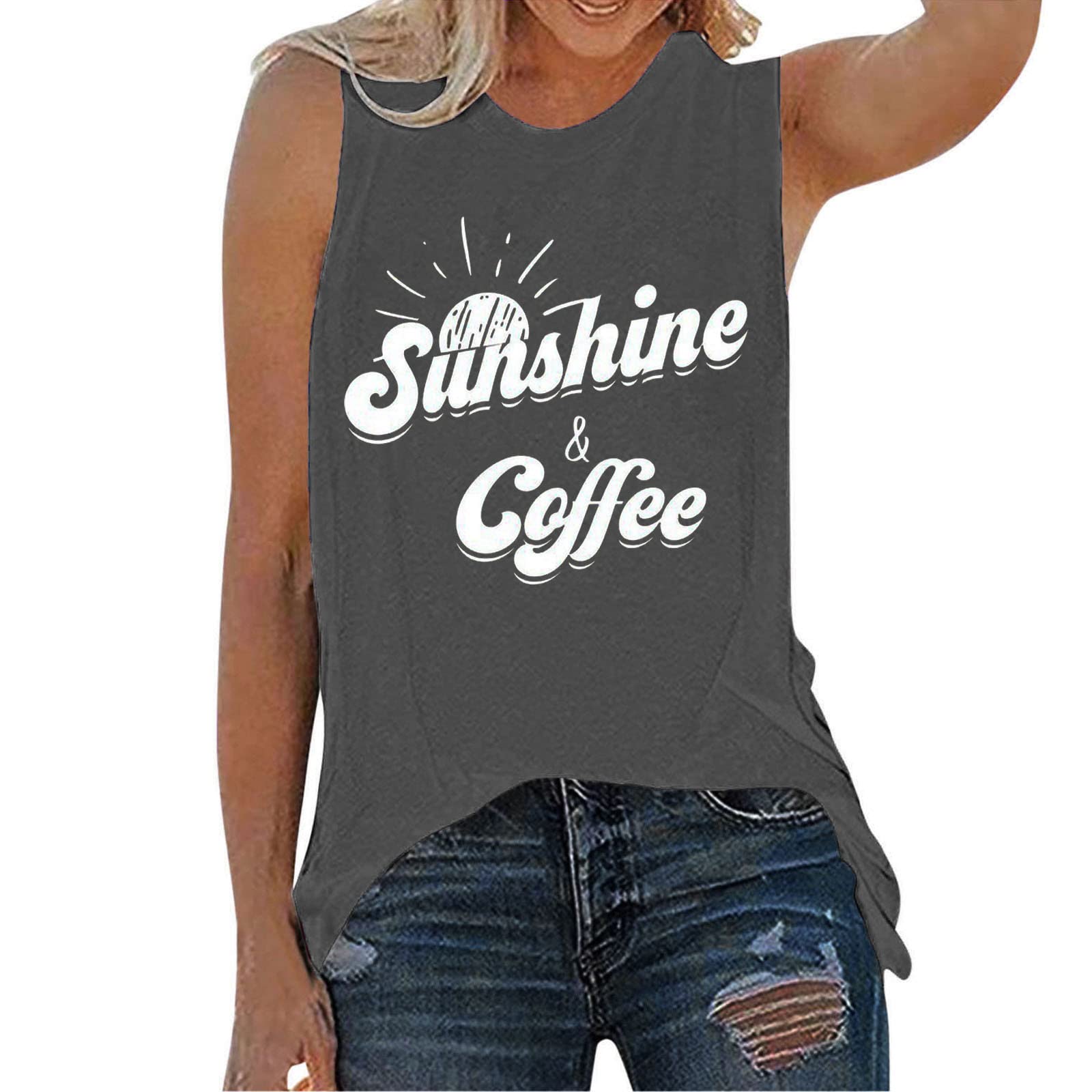 SNKSDGM Women's Sleeveless Crewneck Graphic Tank Top - Sunshine & Coffee Print Summer T-Shirt for Casual Wear, Workout & Beach Outfits
