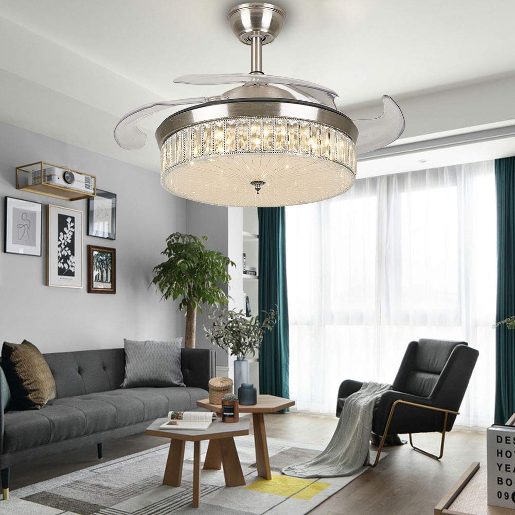 42-Inch Modern Crystal Chandelier Fan with Remote Control - Retractable Blades, 3 Color & Speed Adjustable LED Ceiling Fan - Elegant Lighting for Living Room, Bedroom, Dining Room (Silver)