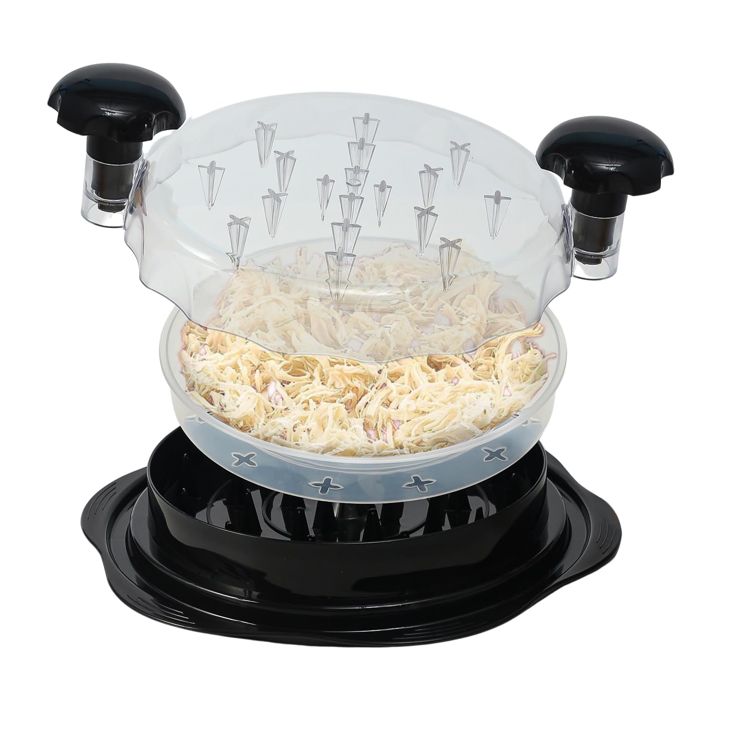 Premium Chicken Shredder Tool - Large BPA-Free Meat Shredder with Brush & Fork, Anti-Slip Ergonomic Handle for Pulled Chicken, BBQ, Tacos, Salads - Includes Separate Plate (10x10x2 Inches, Black)