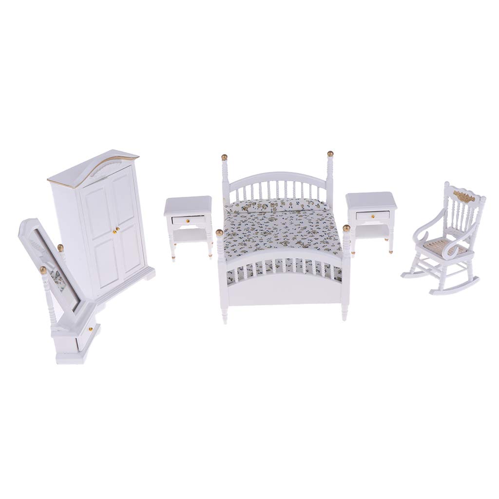 1:12 Scale Dollhouse Bedroom Furniture Set - 6pcs Wooden Bed, Nightstand, Dressing Mirror & Wardrobe for Miniature Dollhouse Decor | Perfect for DIY Dollhouse Projects, Collectors & Model Home Displays