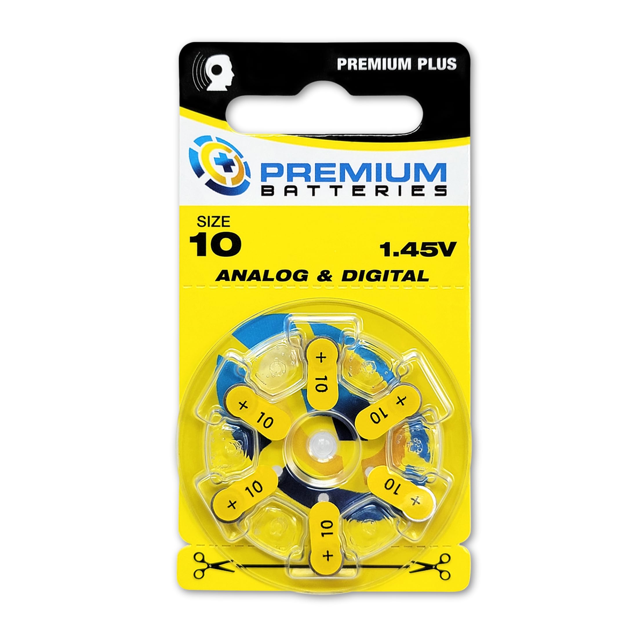 Size 10 1.45V Hearing Aid Batteries Yellow Tab (60 Pack) - Long Lasting Zinc Air Power for Hearing Devices, Perfect for Daily Use at Home or Travel