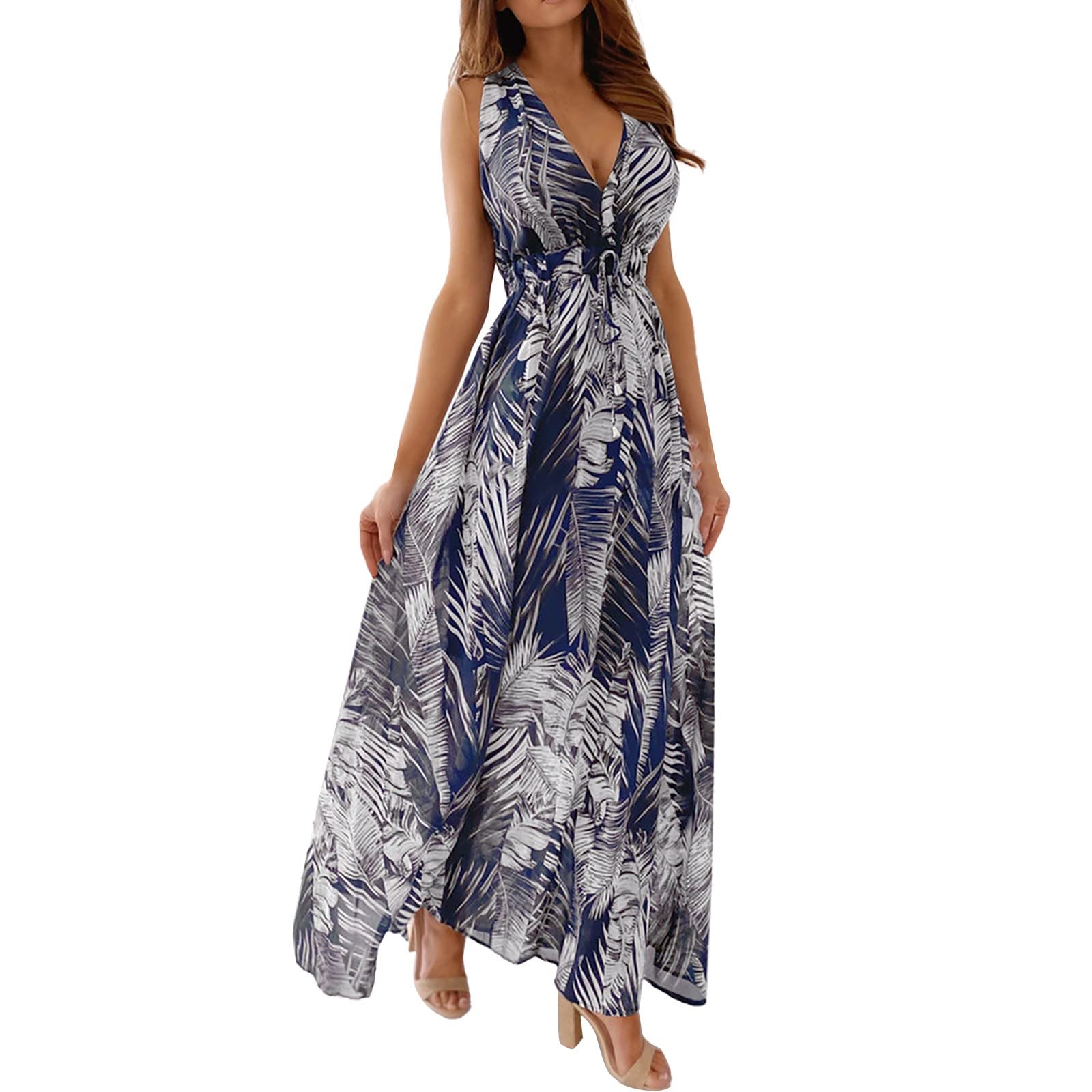 **Sexy Beach Print V-Neck Tie Waist Long Sleeveless Dress for Women – White & Black Plus Size Party Dress – Perfect for Beach Vacations, Summer Parties & Evening Events**