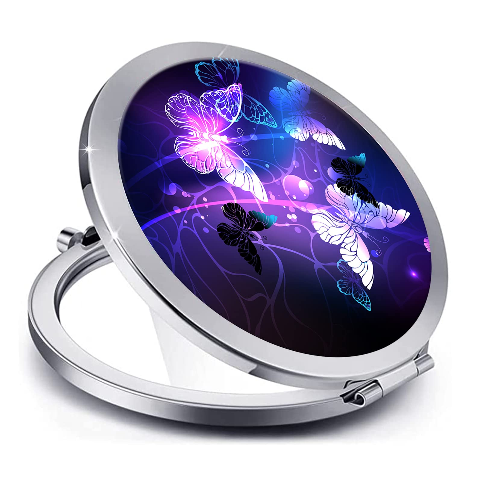 LONNAONE Compact Mirror for Women - Round Mini Travel Makeup Mirror with Butterfly Design, Portable Folding Handheld Mirror for Purse, Handbag & Makeup Touch Ups (Silver Purple) - Perfect for Travel, Home & Office Use