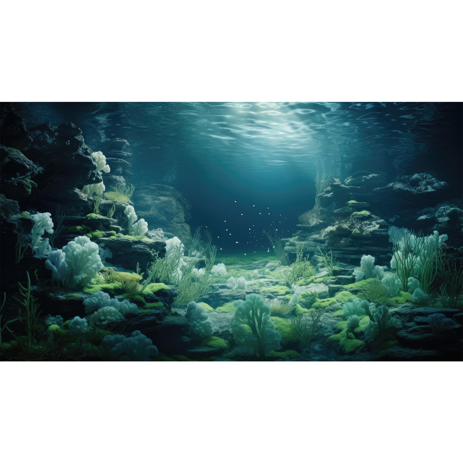 60x24in Underwater Coral Reef Aquarium Background Poster - Bioluminescent Coral, Lush Moss & Sunlight Rays for Fish Tank Decoration | Perfect for Saltwater & Freshwater Aquariums, Terrariums & Home Decor