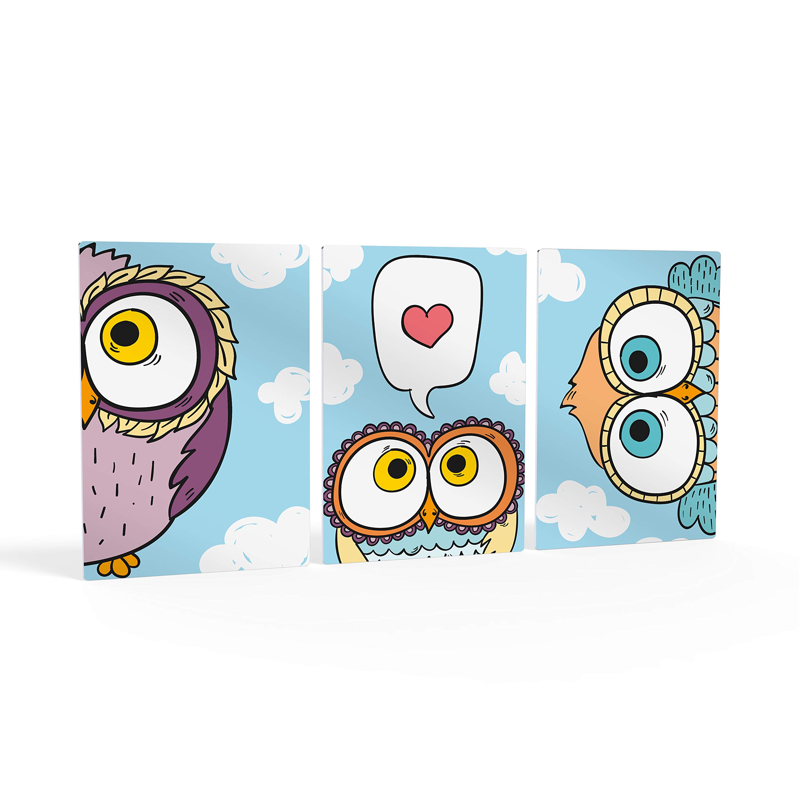 Cute Owls Wall Art Nursery Decor - 3 Panel Metal Print Set for Baby Girl & Boy Room, Kids Room - 100% Handmade in USA (17x11 Inches Each) - Perfect for Nursery, Bedroom & Playroom Decor