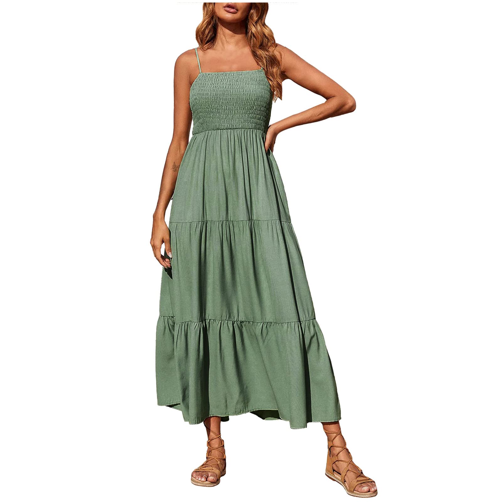 Bohemian Spaghetti Strap Smocked Tiered Maxi Dress for Women - Sleeveless Long Beach Sun Dress with Solid Color | Perfect for Summer Vacations, Beach Parties and Casual Outings