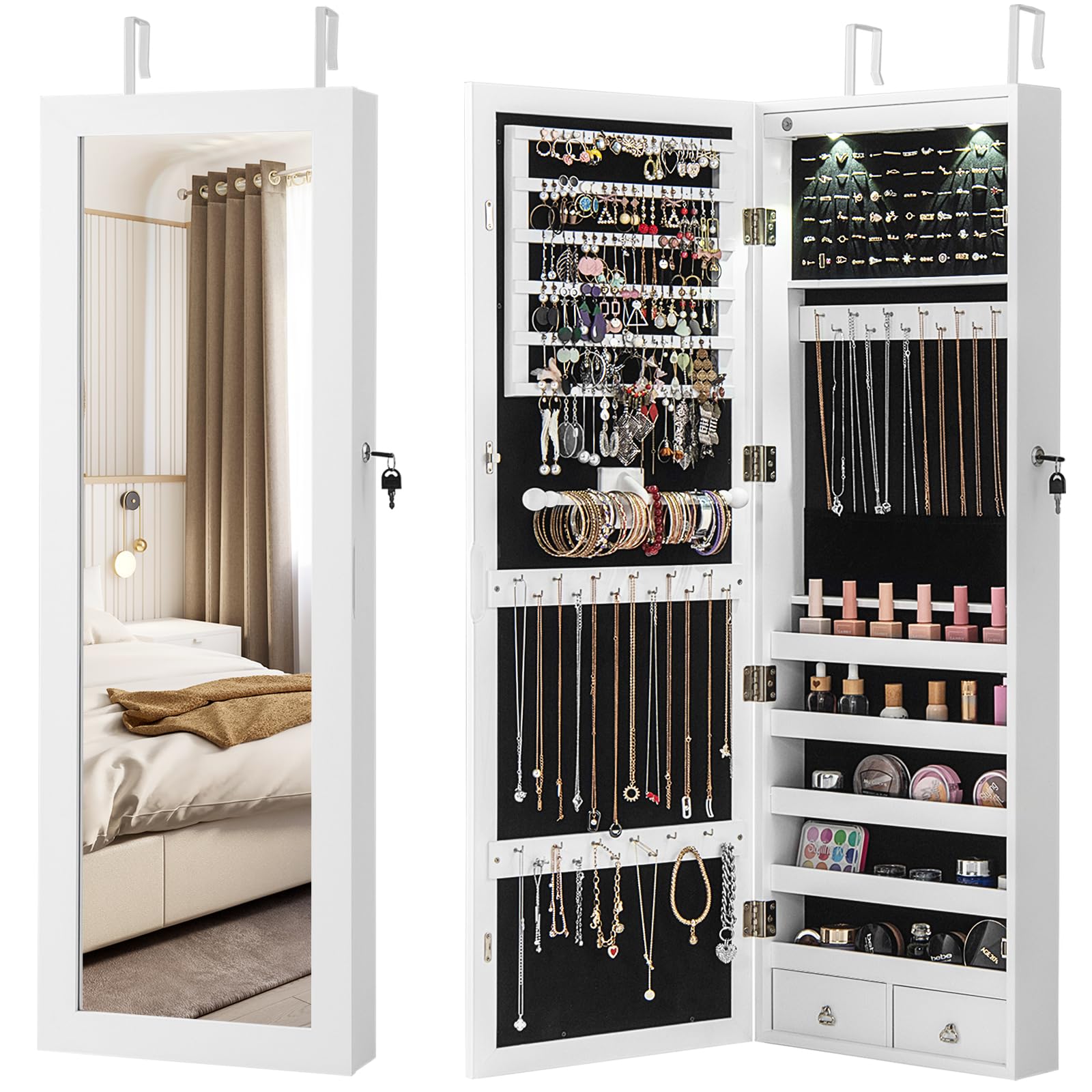 GOFLAME Full Length Mirror Jewelry Cabinet - Wall Mounted Jewelry Armoire with LED Lights, Lockable Storage Drawers & Large Capacity - Over the Door Mirror Organizer for Bedroom, Closet & Dressing Room (White)