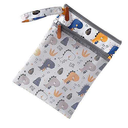 MOMIGO Reusable Wet Dry Bags for Baby - Waterproof Washable Diaper Storage with 2 Zippered Pockets | Perfect for Stroller, Daycare, Travel, Beach, Pool & Gym | Dinosaur Print Design