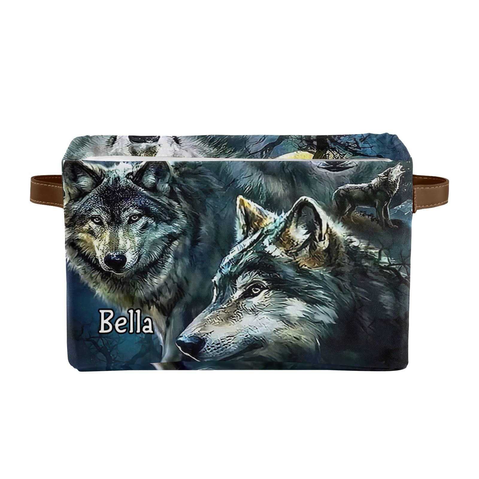 Personalized Wolf Moon Canvas Storage Bins with Custom Name - 2 Pack Leather Handled Organizer Baskets for Office, Bathroom, Nursery, Closet & Shelf Storage - Perfect for Home Organization & Gift Giving