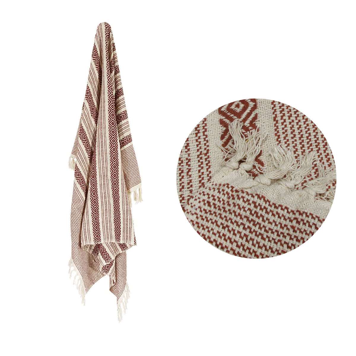100% Cotton Fringe Throw Rug 125x150cm Aztec Rust Design - Soft Bohemian Style Decorative Rug for Living Room, Bedroom & Dorm