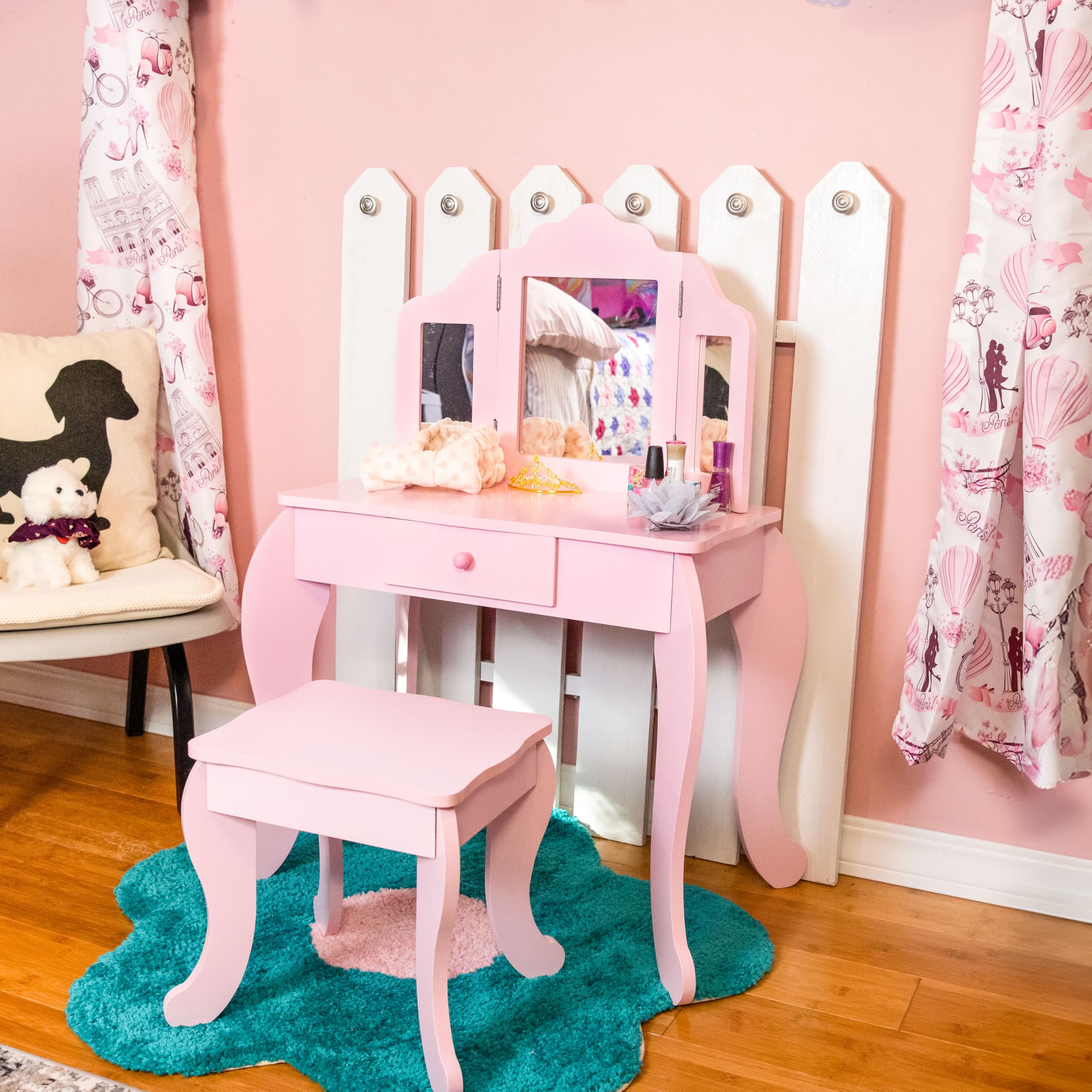 Kids Wooden Pretend Play Vanity Set with Mirror, Drawer & Stool - Pink Princess Dress Up Table for Little Girls - Perfect for Birthday Gifts & Bedroom Decor