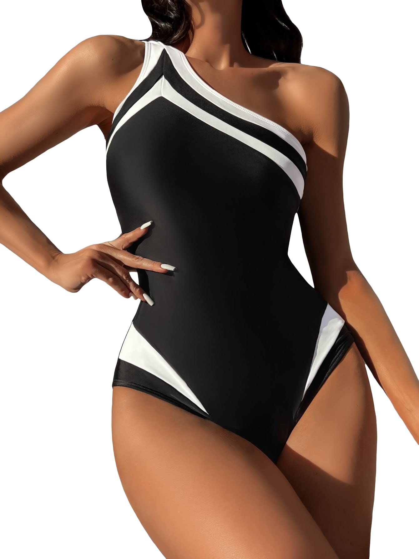 Milumia Women's Color Block One Shoulder Swimsuit - Sexy Sleeveless One-Piece Bathing Suit for Summer Beach, Pool Party & Vacation | Trendy Monokini Swimwear