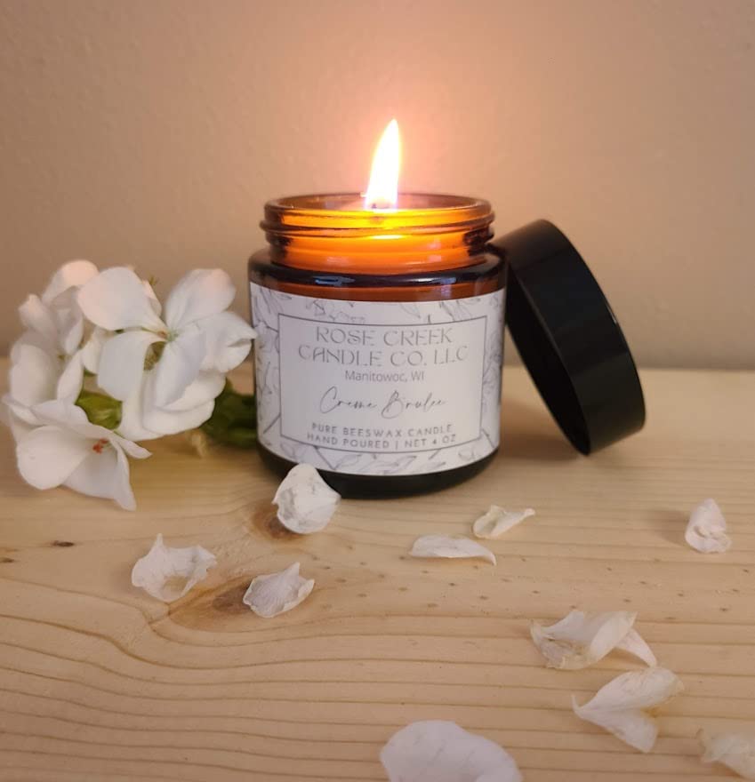 8 oz Pure Beeswax Candle in Amber Glass Jar - Natural Soy Wax with Crème Brûlée Scent | Handmade Eco-Friendly Home Candle for Relaxation & Gifts | Aromatherapy, Meditation, Yoga Essential | Creates Cozy Ambiance for Bedroom, Bathroom, Office & Stress Relief | Perfect for Spa Nights, Romantic Dinners & Self-Care Moments