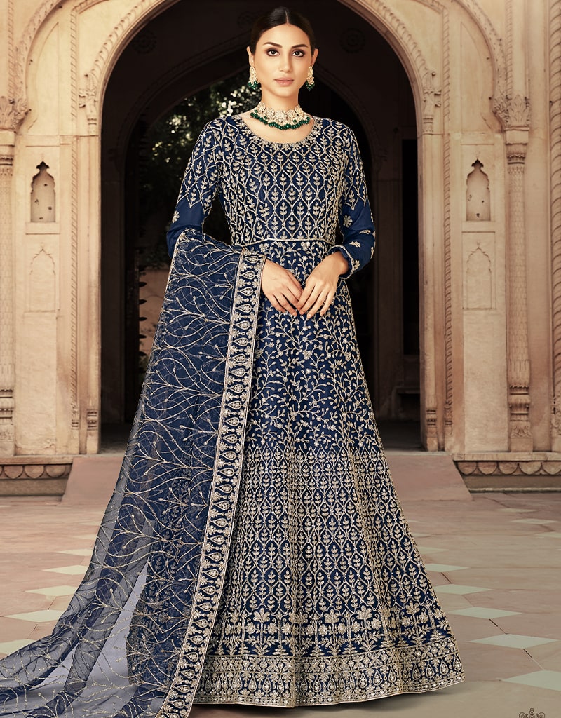 Elegant Blue Anarkali Semi-Stitched Suits for Women - Traditional Indian Ethnic Wear for Weddings, Parties & Festive Occasions