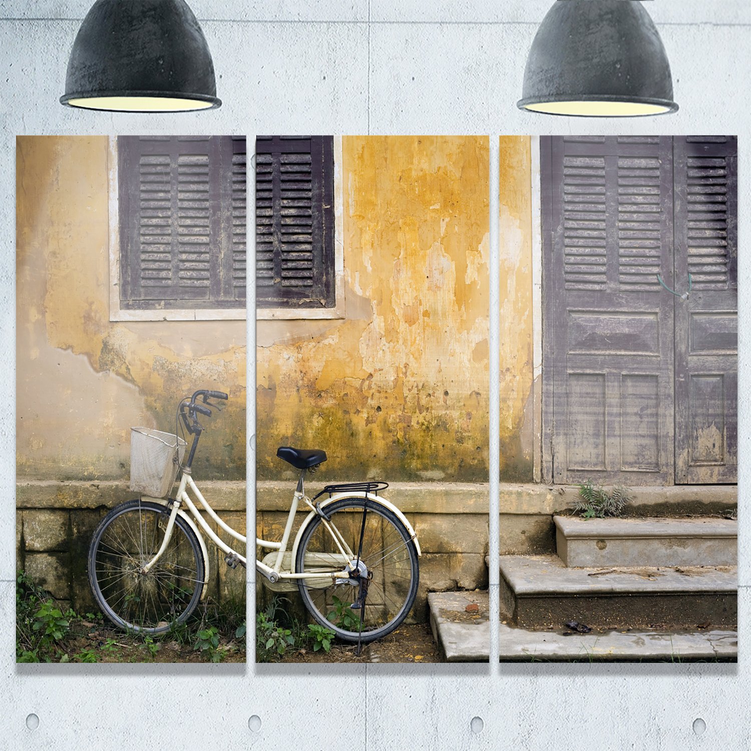 Designart MT9394-3P Vietnam Landscape Metal Wall Art - Bicycle & House Photo Print on 3 Panel Canvas, 28x36 Inches, Brown - Perfect for Living Room, Bedroom & Office Decor