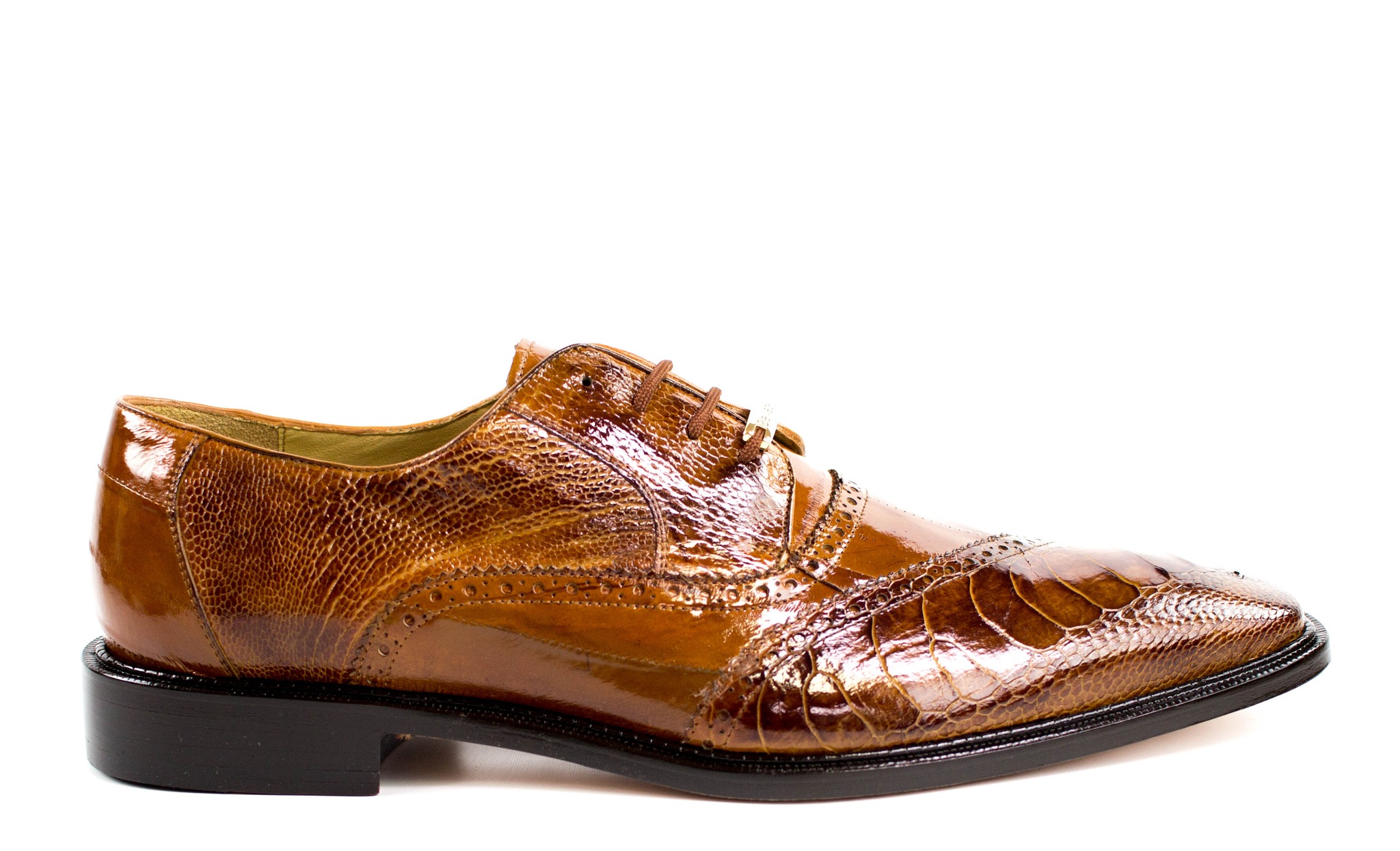 Belvedere Nino Genuine Ostrich Leg & Eel Skin Dress Shoes in Antique Camel Brown - Premium Men's Formal Footwear for Business Meetings & Special Occasions