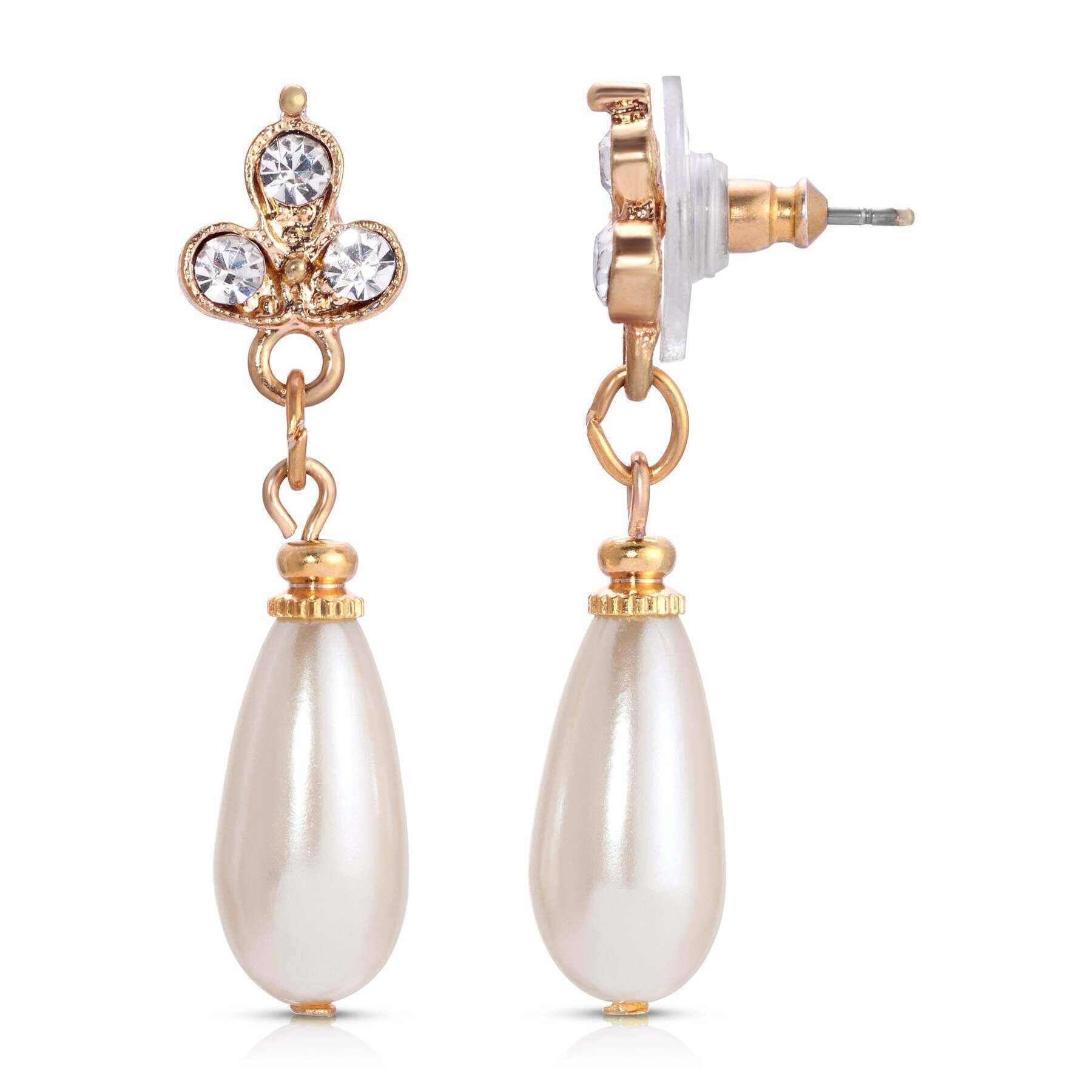 1928 Jewelry Kaia Faux Pearl Crystal Drop Earrings for Women - Elegant Dangle Post Earrings for Wedding, Party & Special Occasions