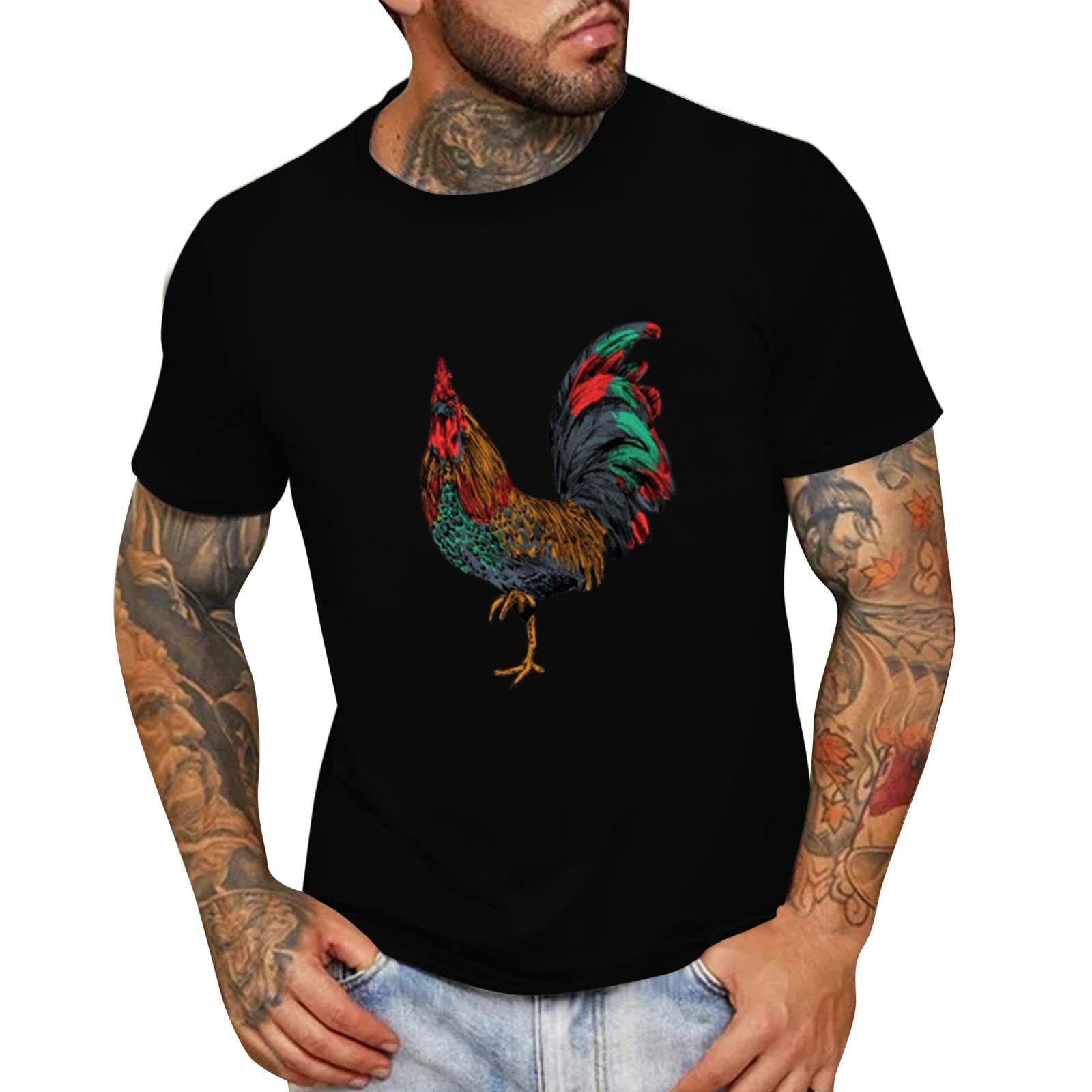 BEUU Men's Short Sleeve T-Shirts - 2023 Summer Casual Crewneck Tee with Cock Print, Loose Fit Gym & Workout Shirt, Breathable Cotton Tops for Outdoor Activities, Streetwear and Daily Wear