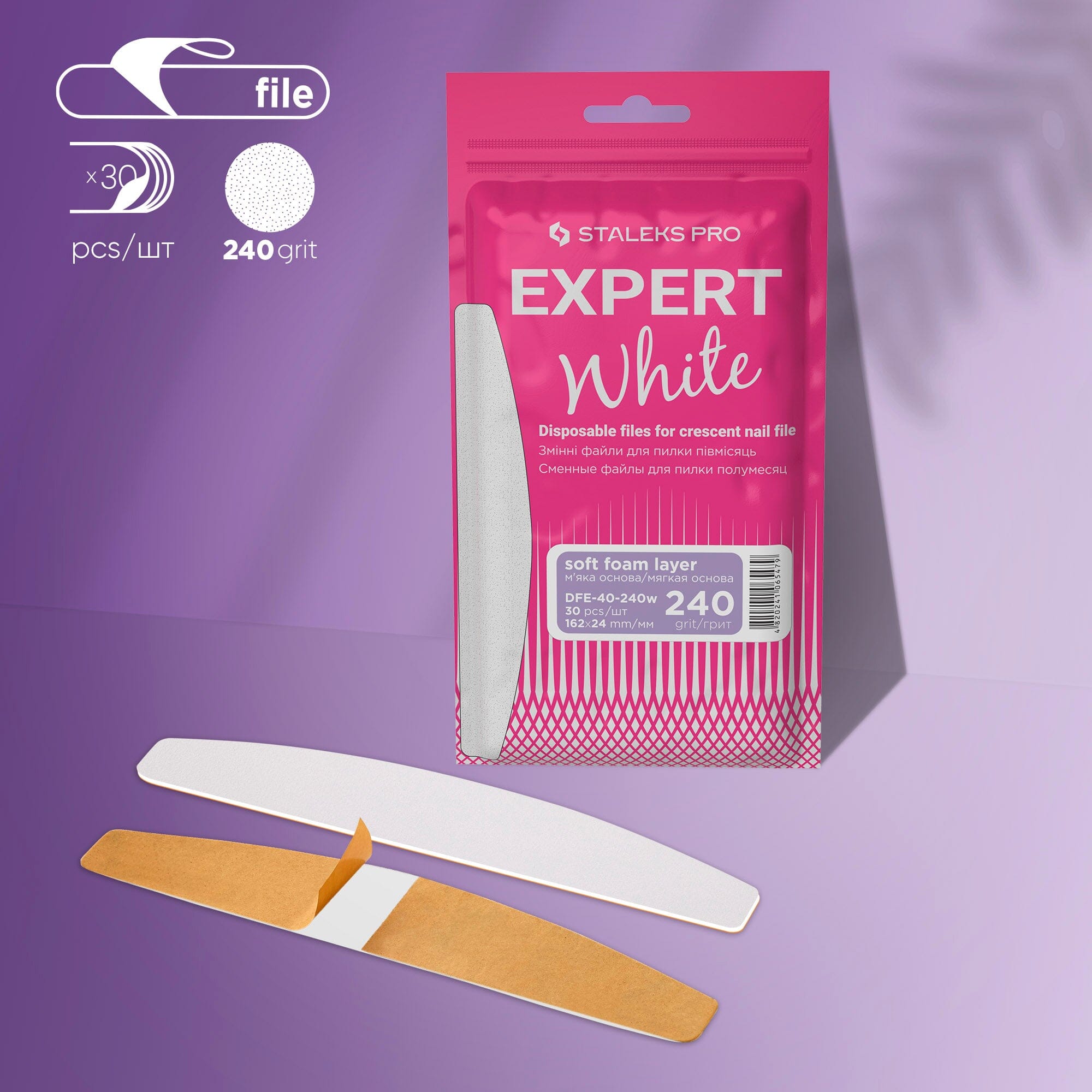Staleks Expert 40 Disposable White Nail Files - 240 Grit Crescent Shape with Soft Foam Layer (30 Pack) - Perfect for Salon, Manicure, Pedicure & At-Home Nail Care