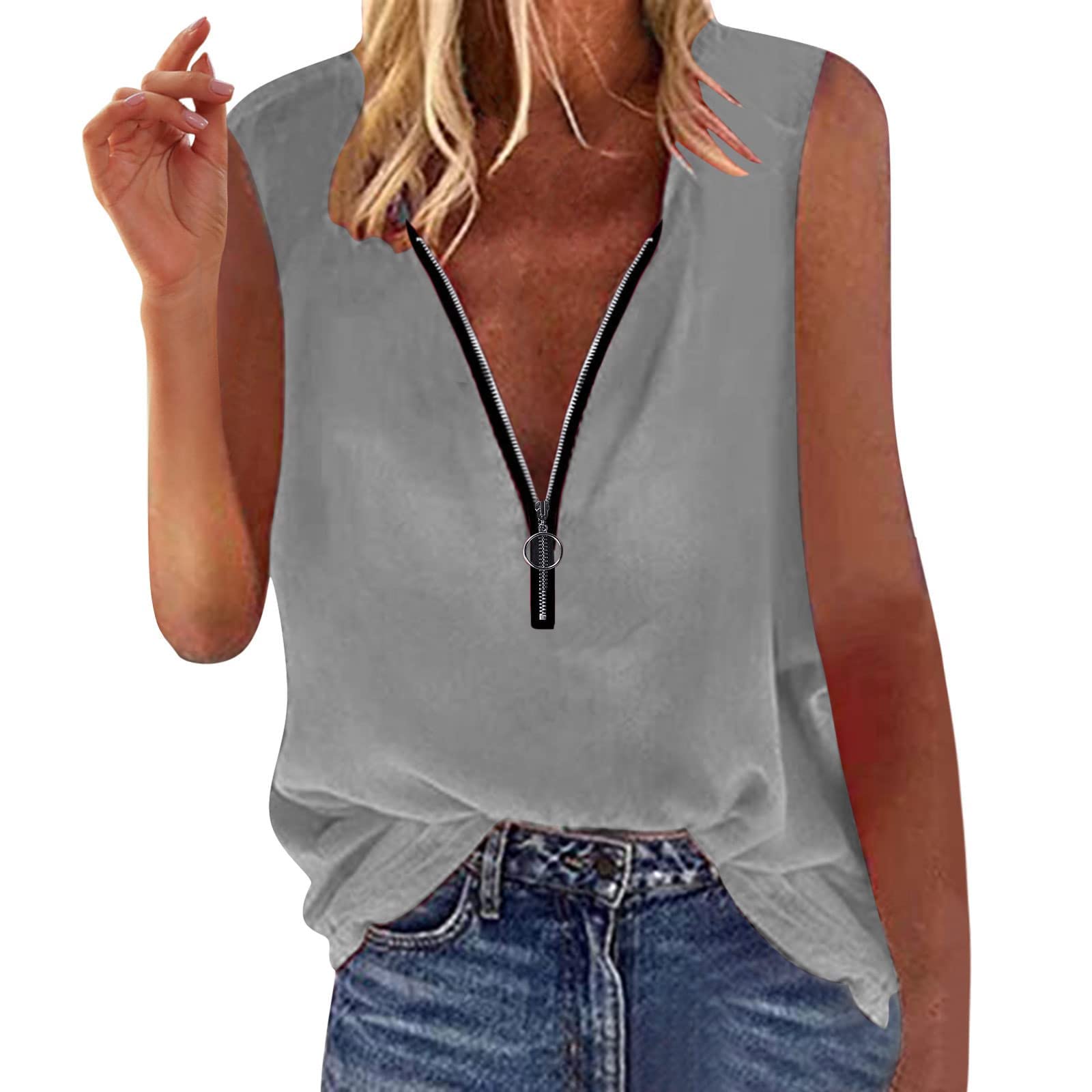 Women's Zip-Up V-Neck Tank Tops - Cute Summer Sleeveless Blouses & T-Shirts for Plus Size - Perfect for Casual Outings, Beach Wear & Layering