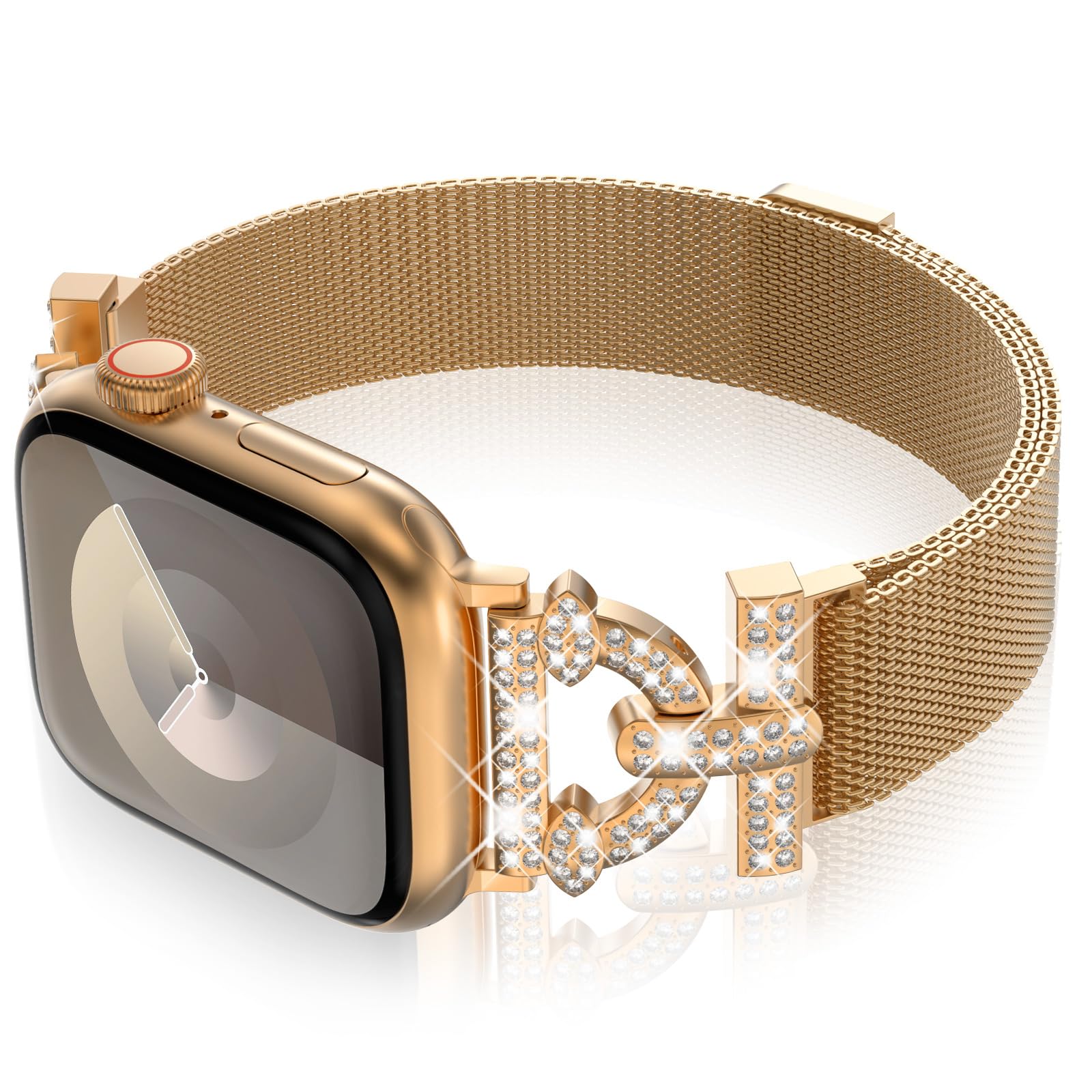 **KADES Magnetic Strap for Apple Watch 42mm/41mm/40mm/38mm - Bling Diamond Rhinestone Stainless Steel Mesh Loop Compatible with Series SE 10 9 8 7 6 5 4 3 2 1 - Rose Gold - Perfect for Women's Fashion & Everyday Wear**