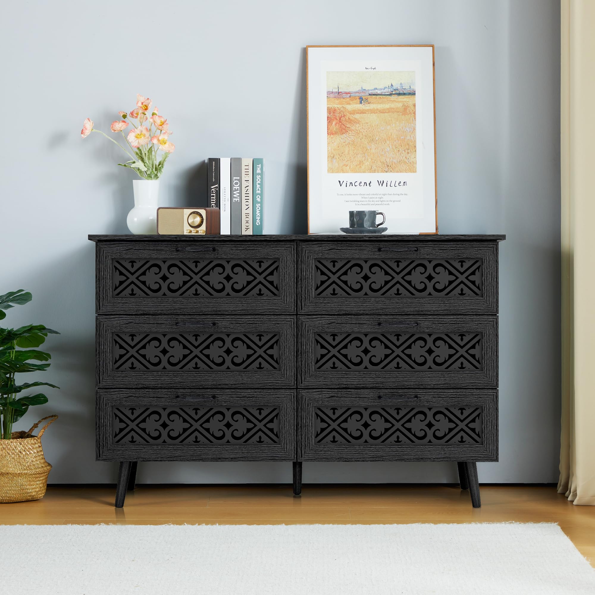 Modern Farmhouse Dresser - 6 Drawer Storage Chest with Metal Handles for Bedroom & Living Room