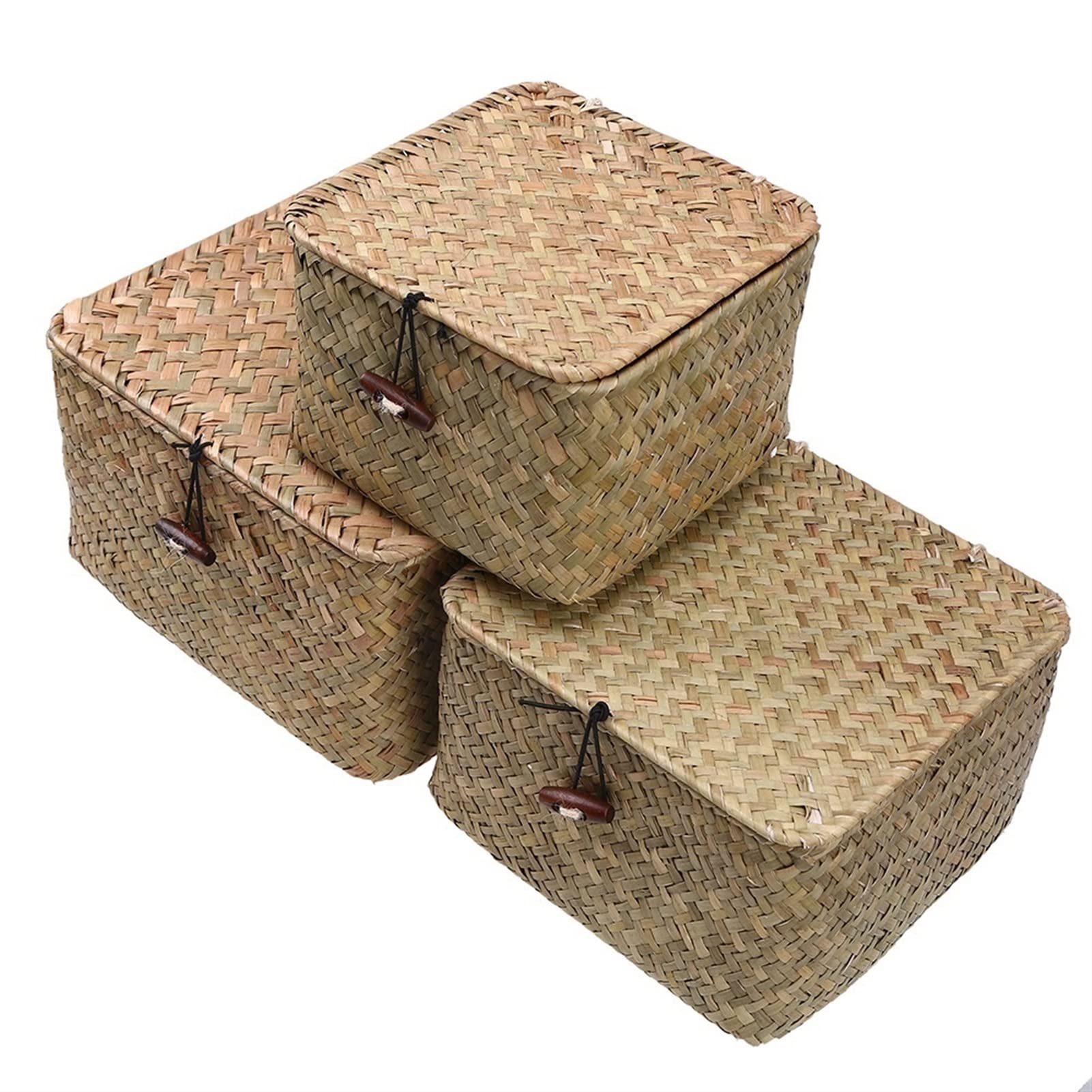 BZGKNUL Handmade Woven Storage Box with Lid - Set of 3 Rattan Baskets for Jewelry, Makeup, Toys & Food Storage | Home Organization & Decor