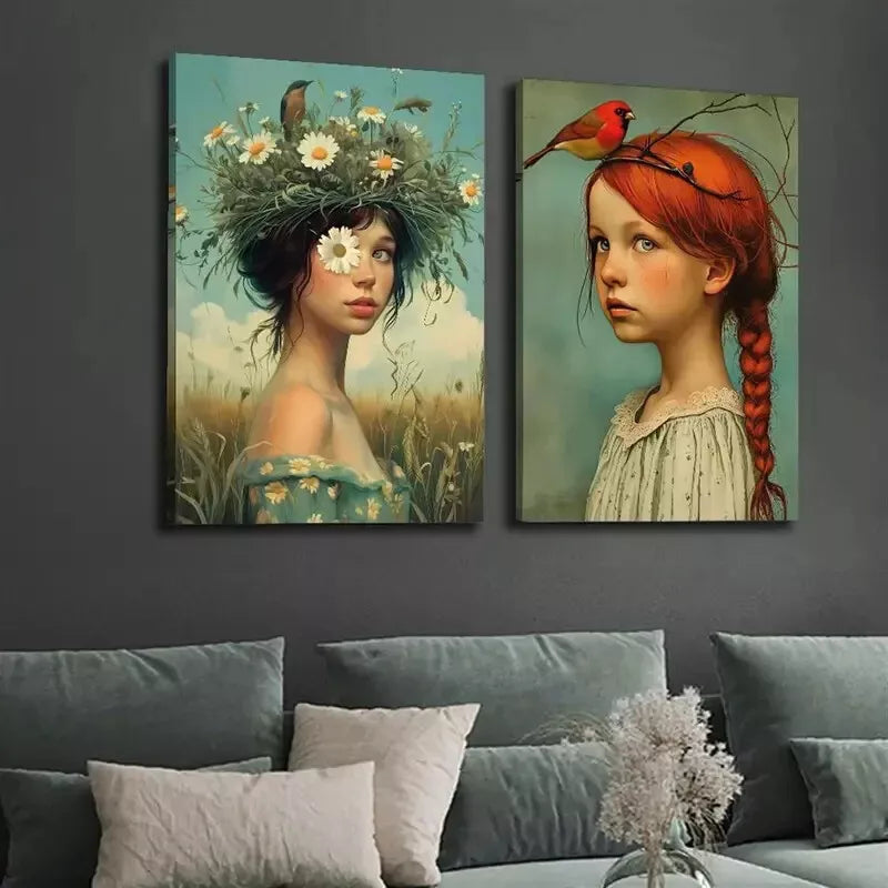 2Pcs Country Farmhouse Canvas Wall Art - 50x75cm Framed Bird & Woman Painting, High Quality Print, 100% Australian Made, Ready to Hang - Perfect for Living Room, Bedroom & Home Decor