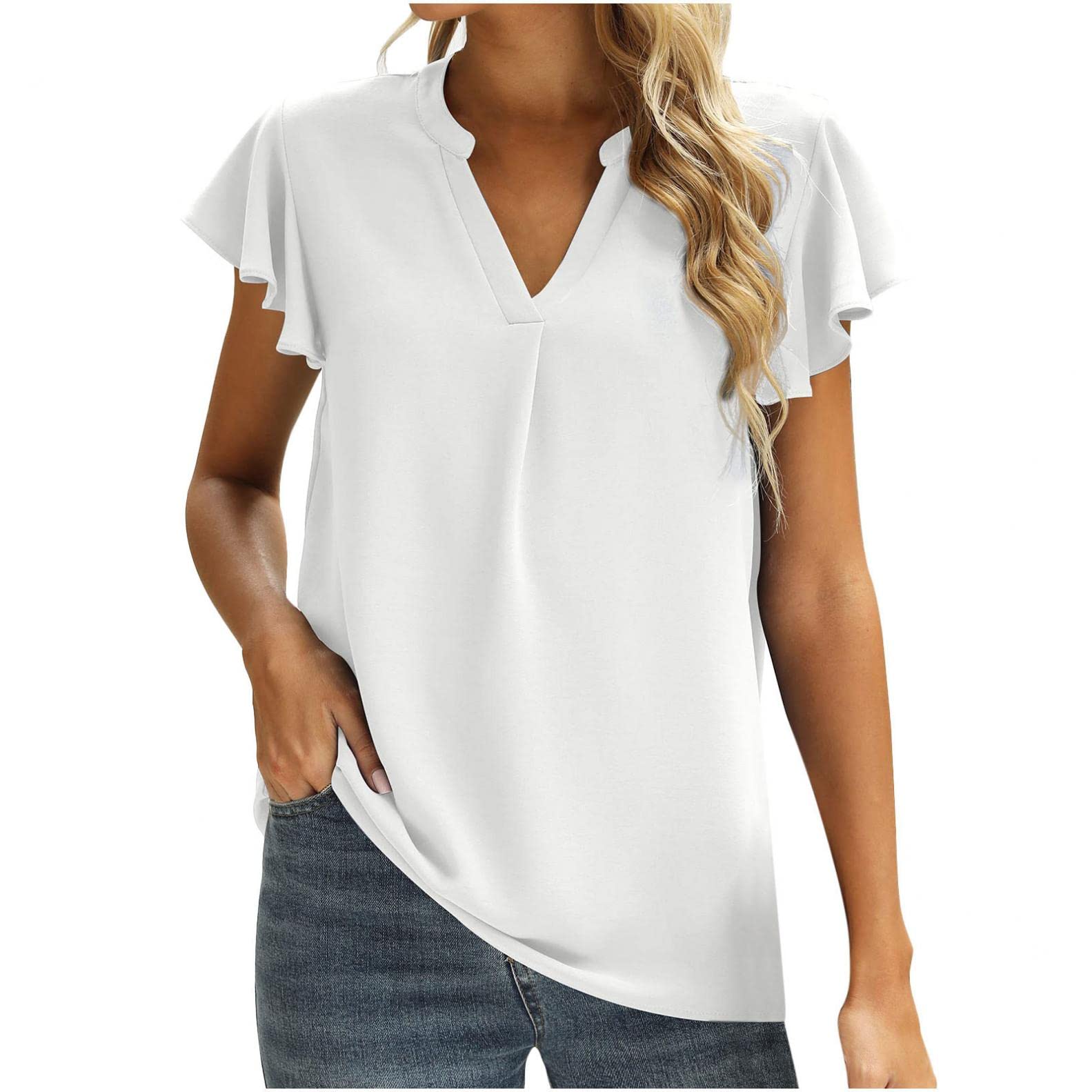 Women's Summer Casual V-Neck Chiffon Blouse - Loose Tunic Top with Ruffle Sleeves in Solid Colors | Perfect for Beach Outings, Office Wear & Date Nights