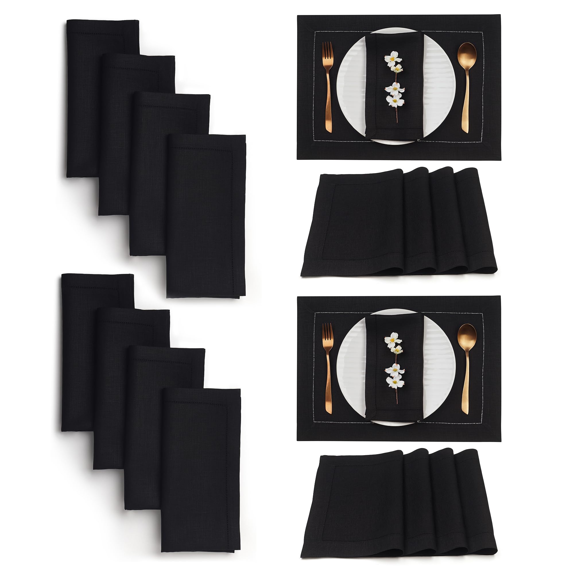 Premium Black Linen Napkins and Placemats Set - 8pc 20x20
