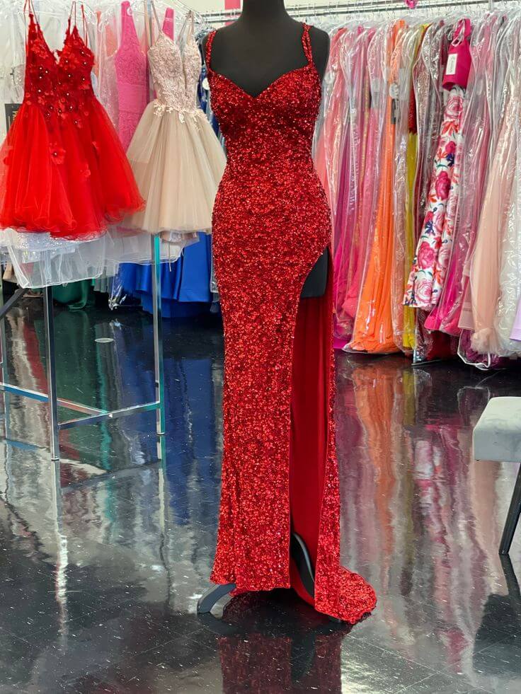 2025 High Slit Sequin Red Prom Dress - Long V Neck Mermaid Evening Gown for Homecoming, Pageant & Formal Events | Elegant Party Wear for Dances & Special Occasions