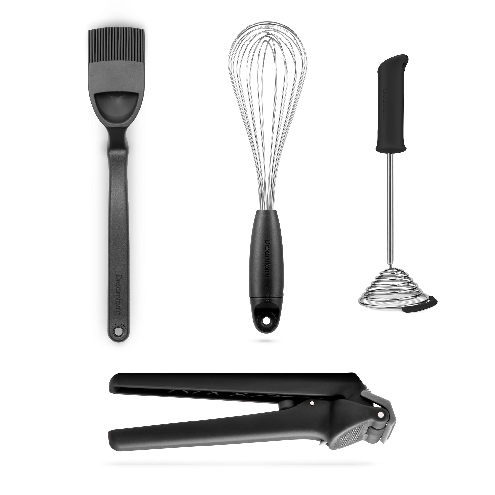 Dreamfarm Brizzle Flisk Smood Garject Lite - 4-in-1 Kitchen Utensil Set with Basting Brush, Whisk, Potato Masher & Garlic Press | Dishwasher Safe Black Cooking Tools | Perfect for Thanksgiving Dinner Prep & Everyday Cooking