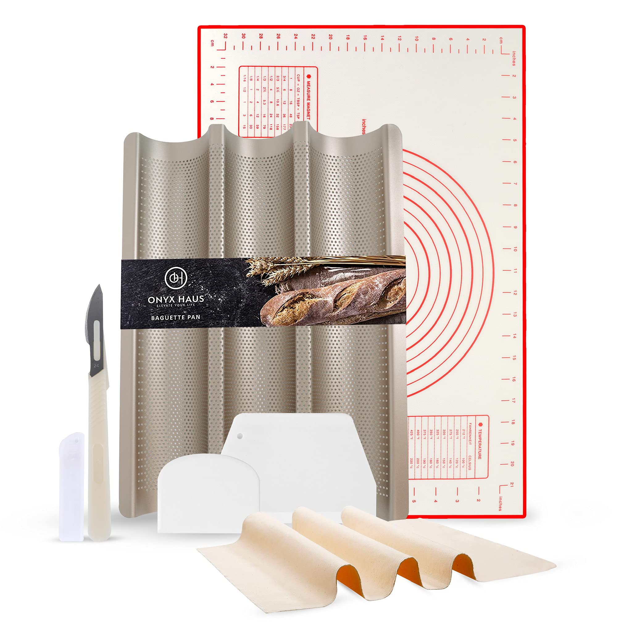 French Bread Baking Kit - Nonstick Baguette Pan, Silicone Baking Mat, Dough Cutter, Bread Lame & Proofing Cloth - Complete Homemade Bread Making Set for Beginners & Bakers - Perfect for French Bread, Baguettes & Artisan Loaves at Home