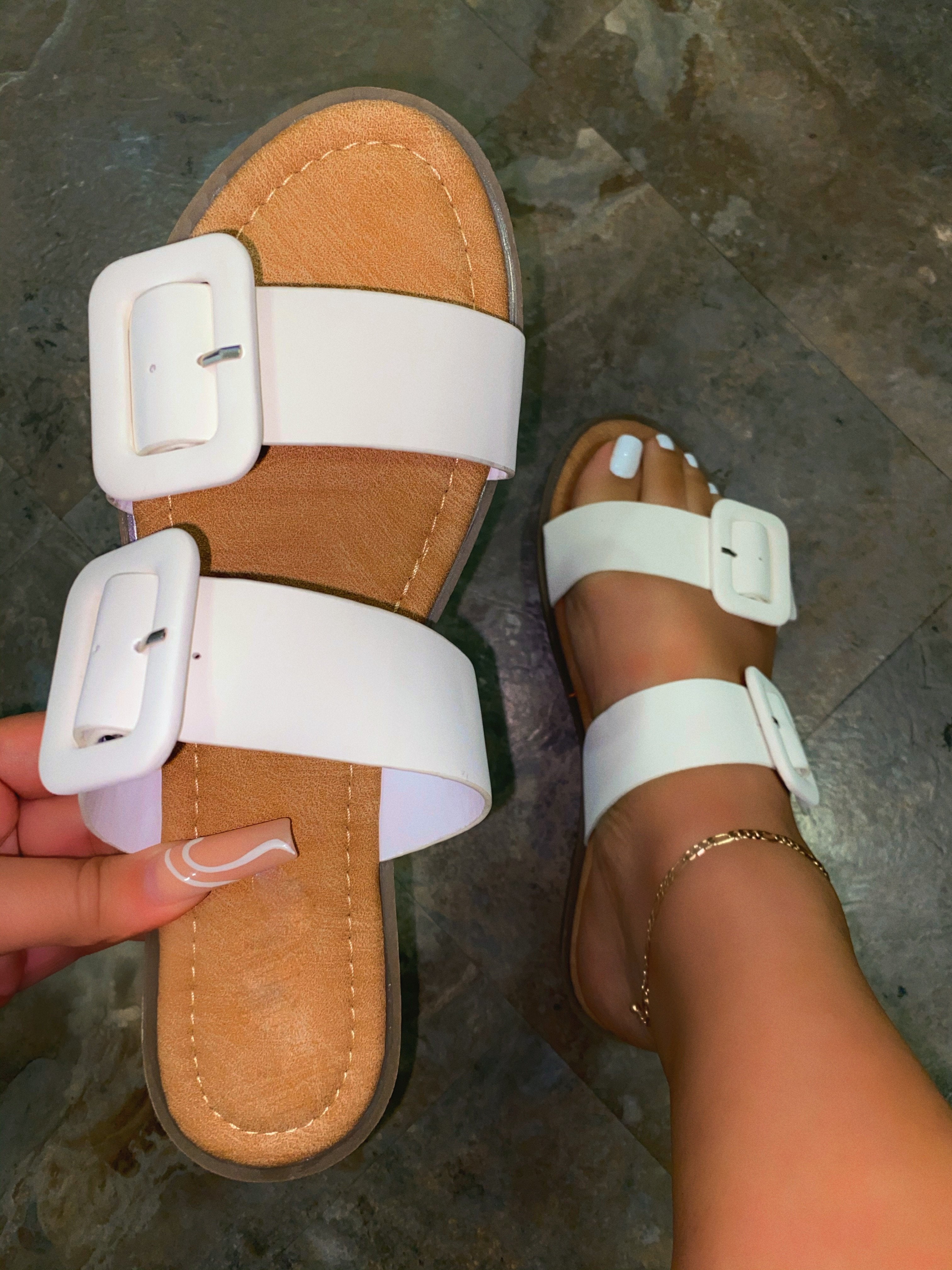 Lydia Women's Double Buckle Strappy Sandals in White - Comfortable Summer Casual Shoes for Beach, Walking & Outfits