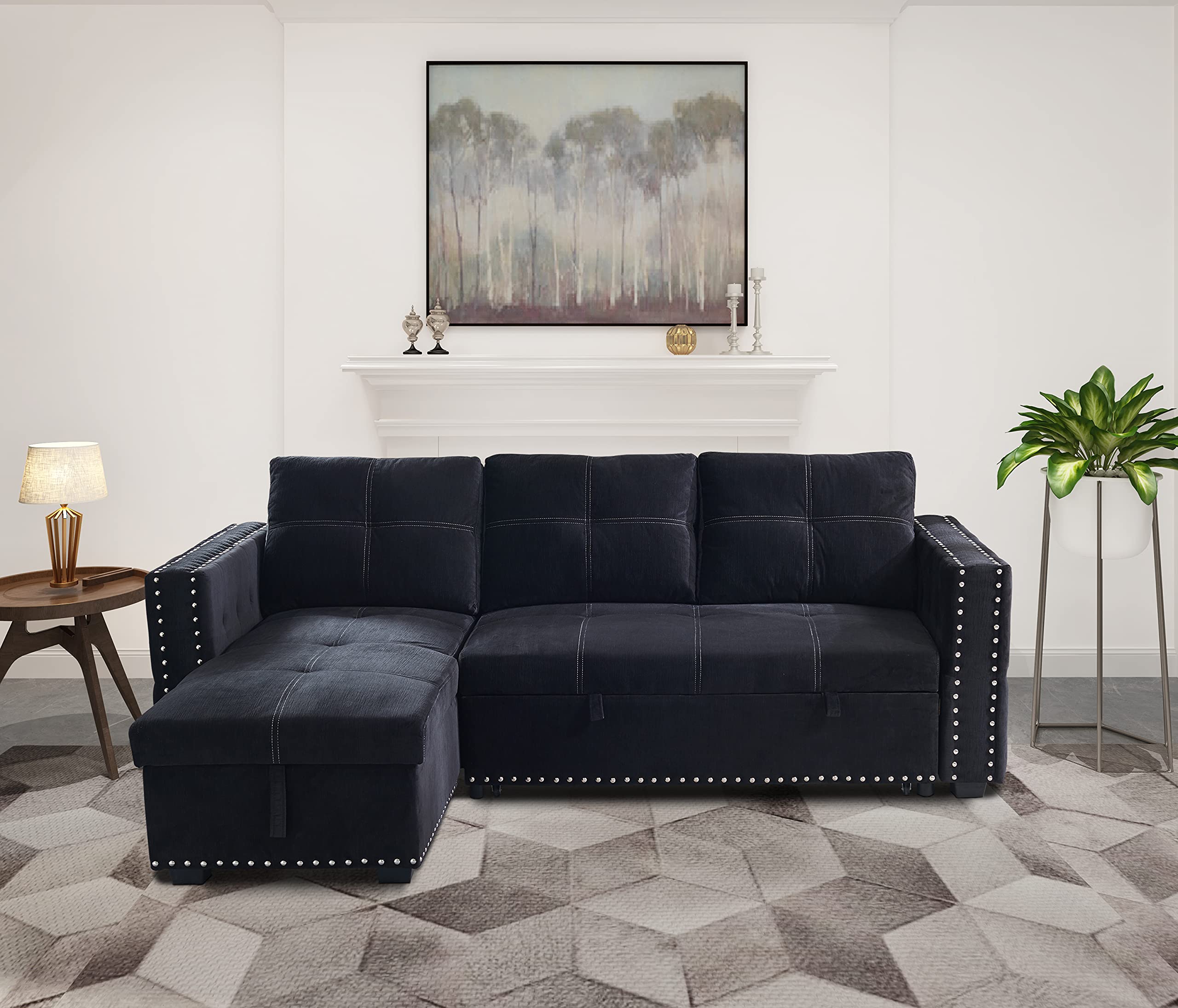 Pull Out Sofa Bed Sectional Sleeper with Storage - Convertible Couch for Living Room, Guest Room & Small Spaces (Black, 91×64) - Perfect for Apartments, Dorms & Home Offices