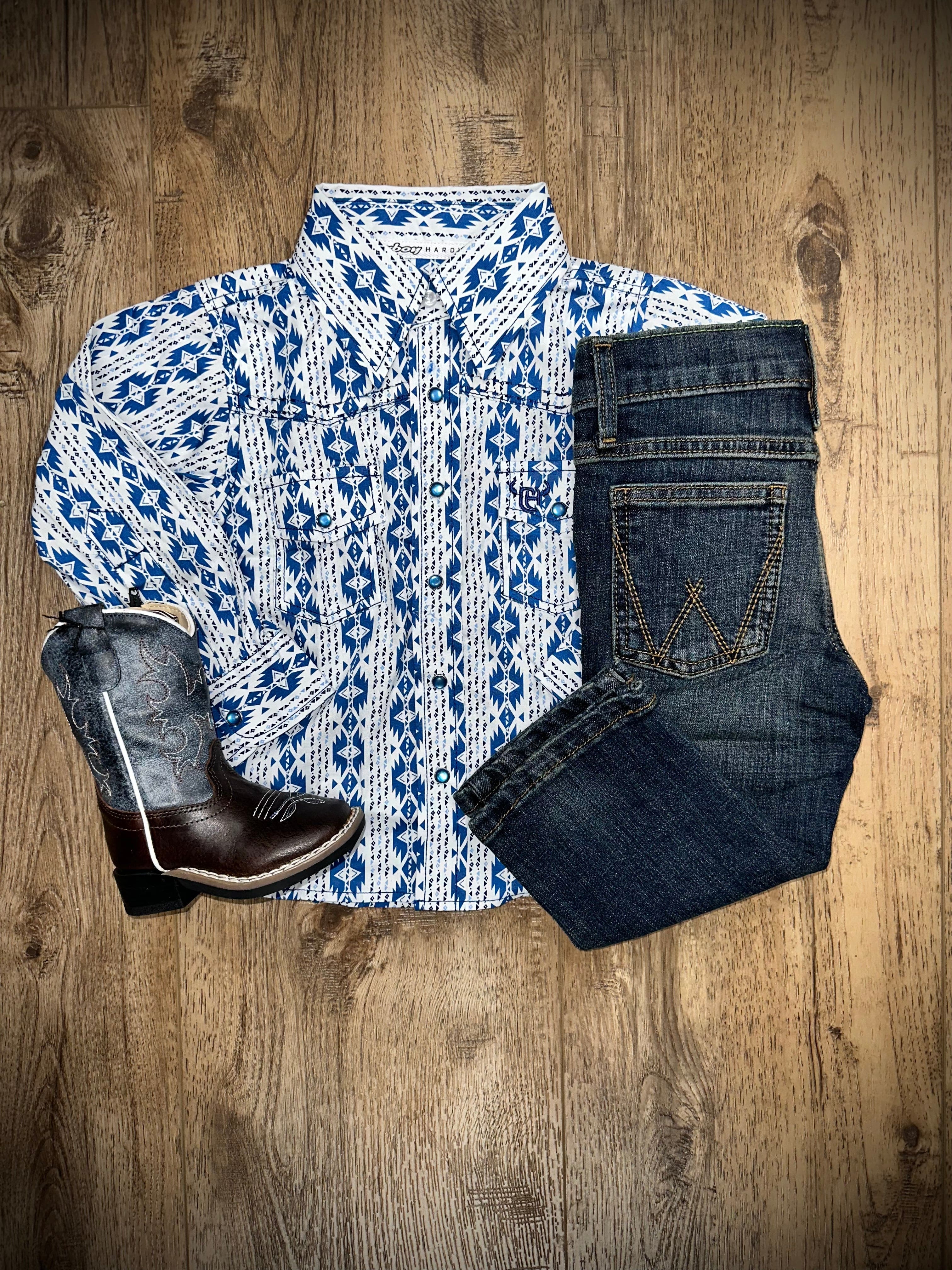 Boys' Blue Aztec Print Snap Button Shirt - Stylish Casual Wear for School, Parties & Outdoor Activities