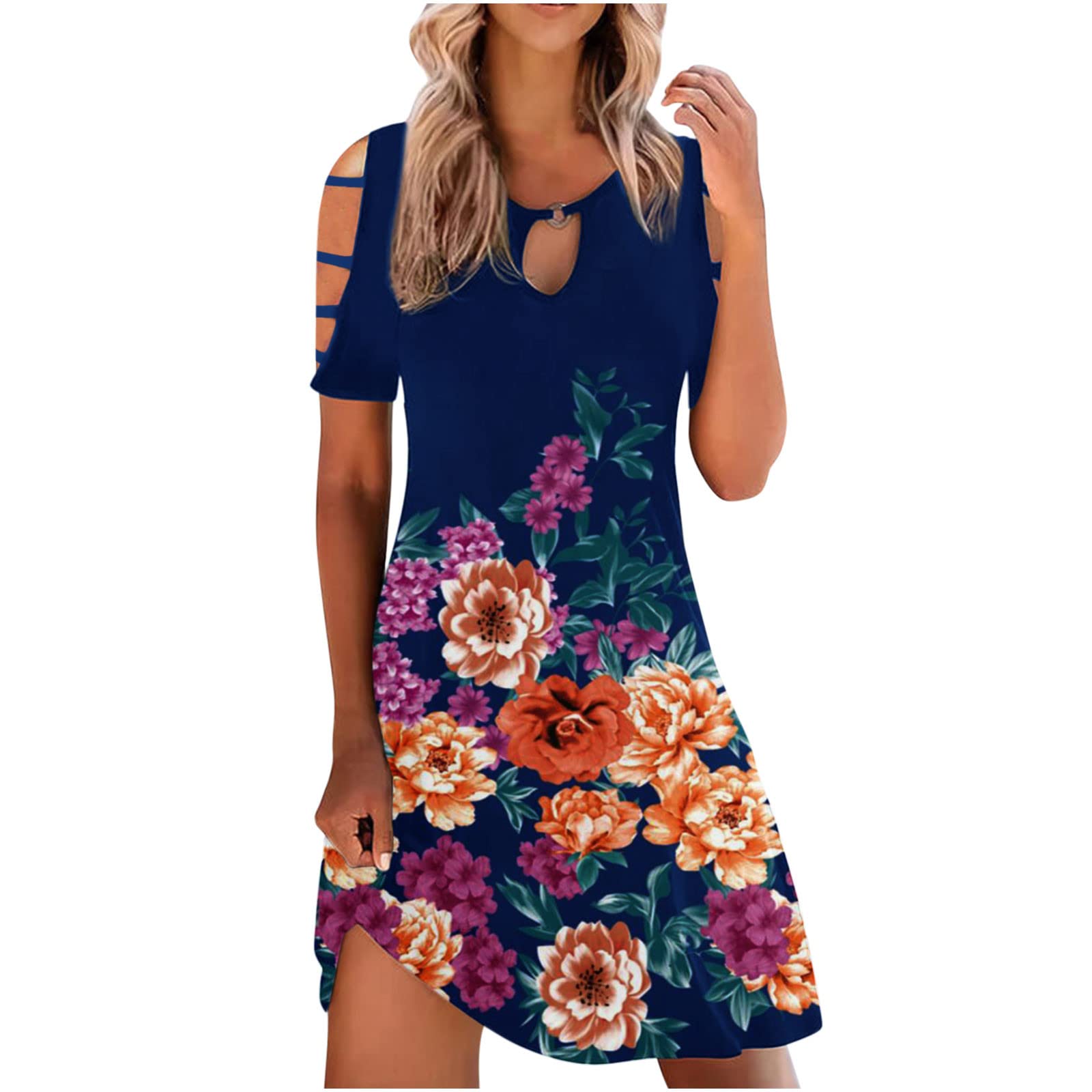 2022 Women's Sexy Cold Shoulder Keyhole Round Neck T-Shirt Dress - Summer & Spring Swing Casual Shift Dress for Everyday Wear, Date Night & Vacation