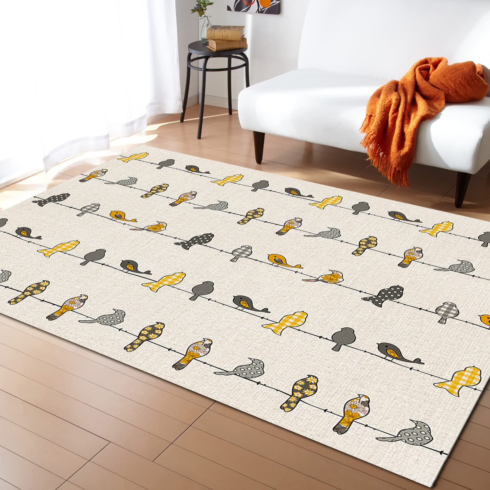 Boho Flower Birds Area Runner Rug 5'x8' - Washable Indoor Outdoor Rug for Kitchen, Living Room, Bathroom, Bedroom | Non-Slip Floor Mat with Orange Polka Dot Rustic Plaid Design - Perfect for Home Decor, Office & Classroom Use