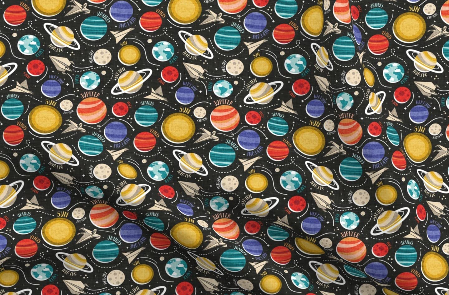 Space Adventure Solar System Planets Printed Cotton Fabric - Spoonflower Petal Signature Cotton Fat Quarter for Sewing, Quilting, Apparel & DIY Crafts | Perfect for Kids Room Decor, Astronomy Themed Projects & Sci-Fi Costumes