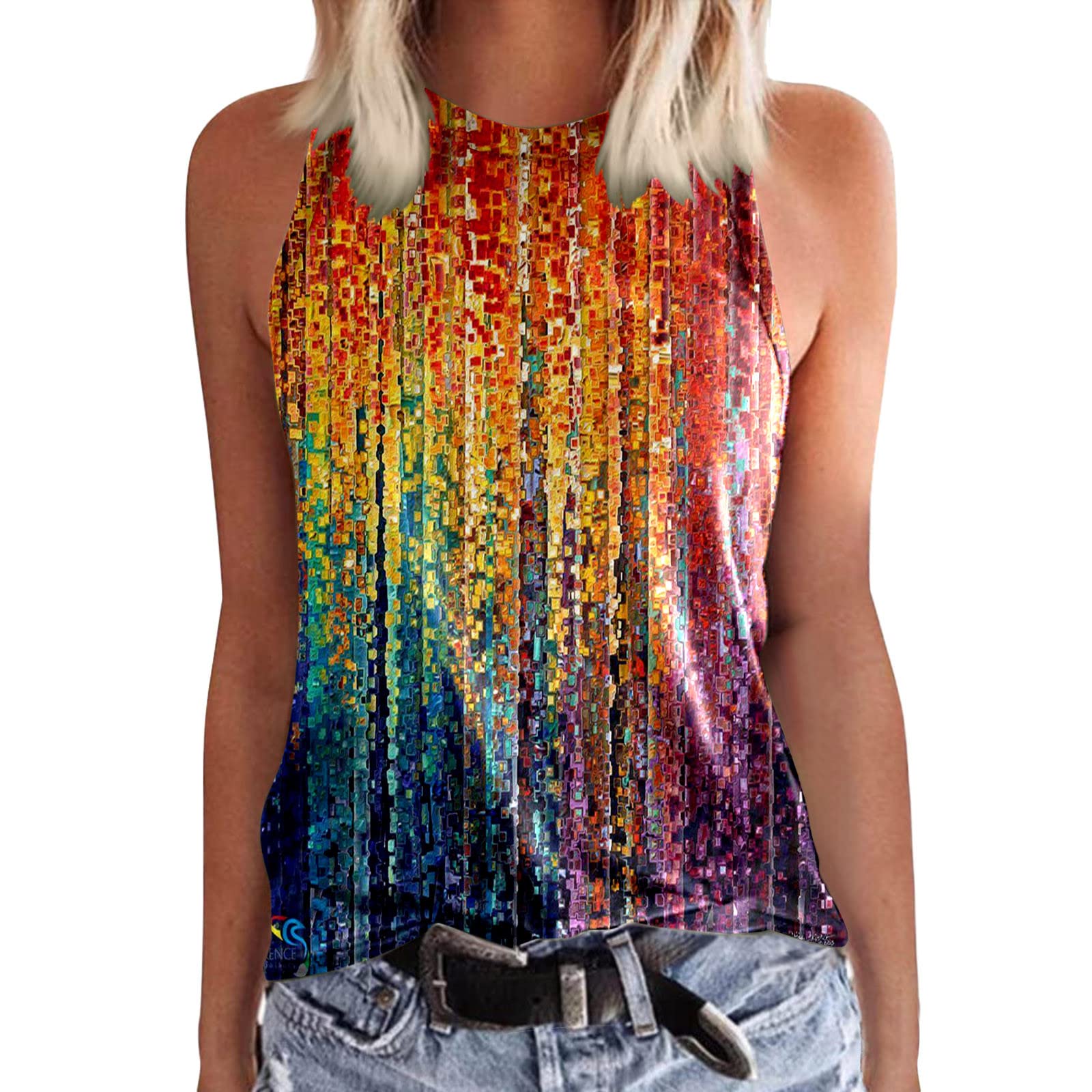 Women's Summer Sleeveless Crewneck Tank Tops - Casual Loose Fit Printed Basic Shirt for Beach, Travel & Daily Wear - Black and Green Floral Design