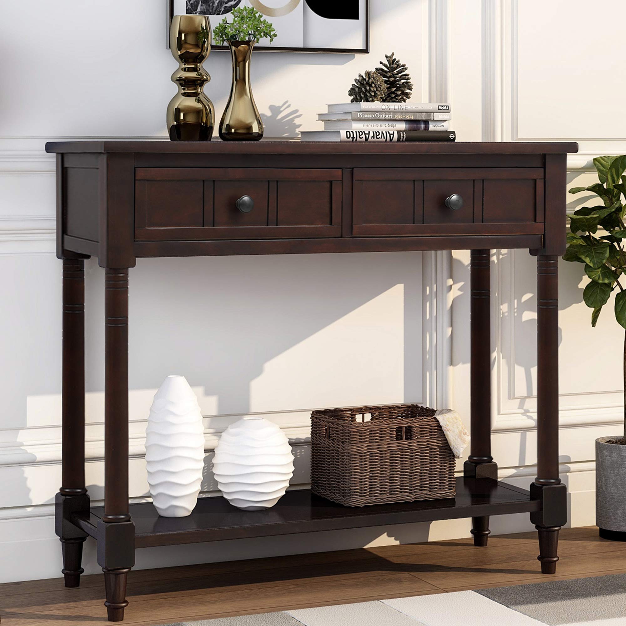 P PURLOVE Wooden Sofa Table with 2 Storage Drawers - Entryway Console Table for Living Room, Hallway & Entry - Espresso Finish for Home Decor & Organization