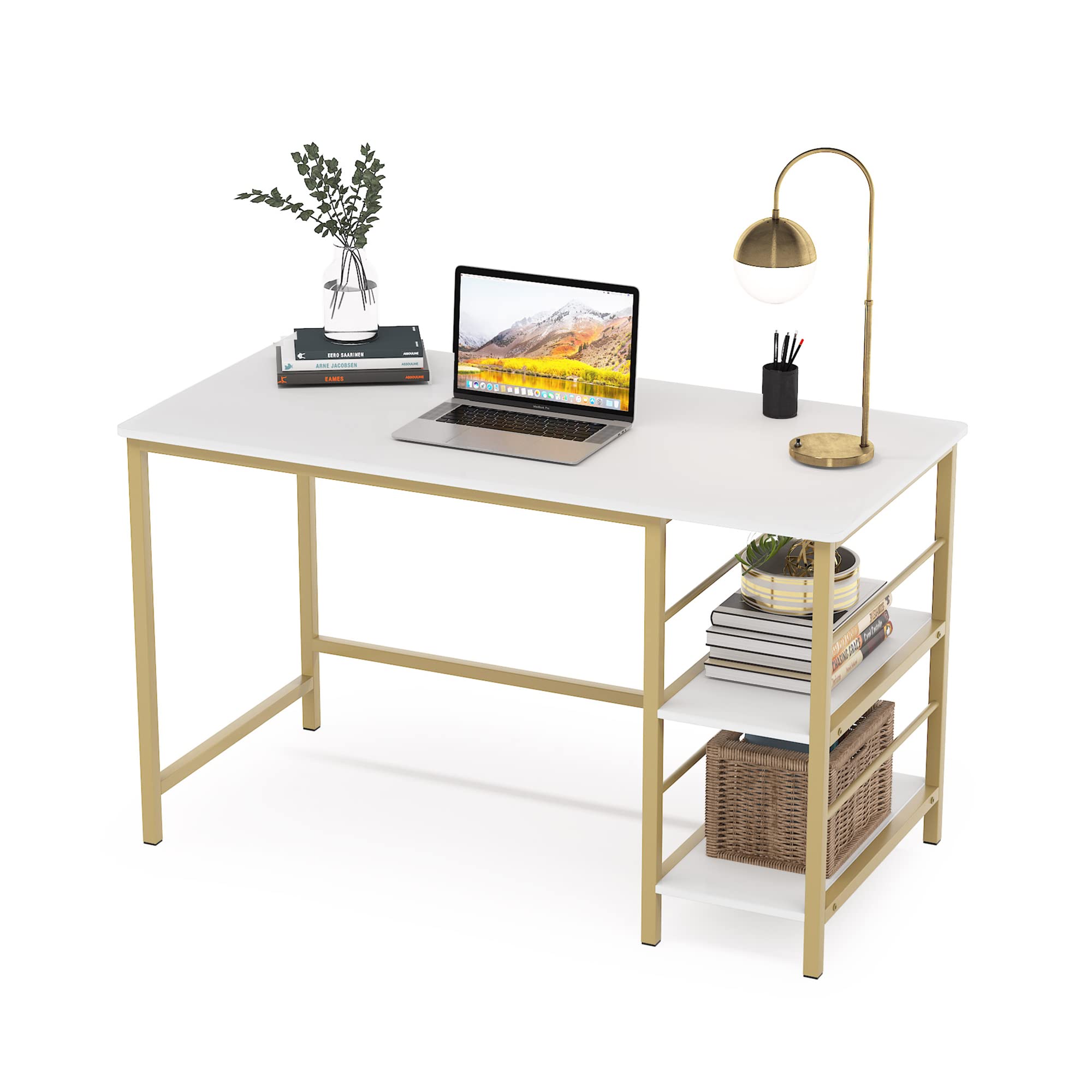 Modern White & Gold Computer Desk with Storage Shelves - 47