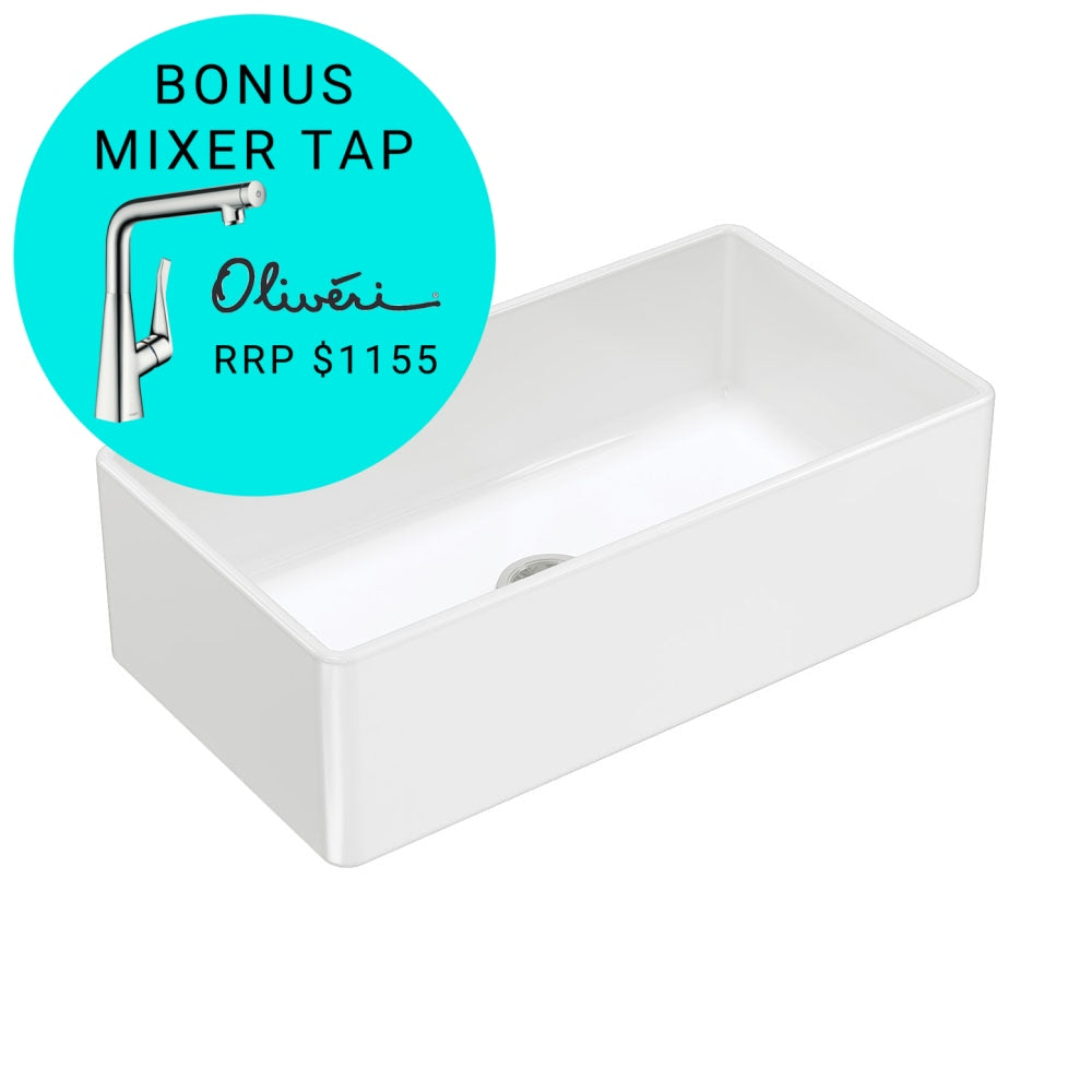 Fienza 68706 Olivia Large Single Butler Sink 33x18x10 Inches, White - Farmhouse Kitchen Sink for Modern & Traditional Homes