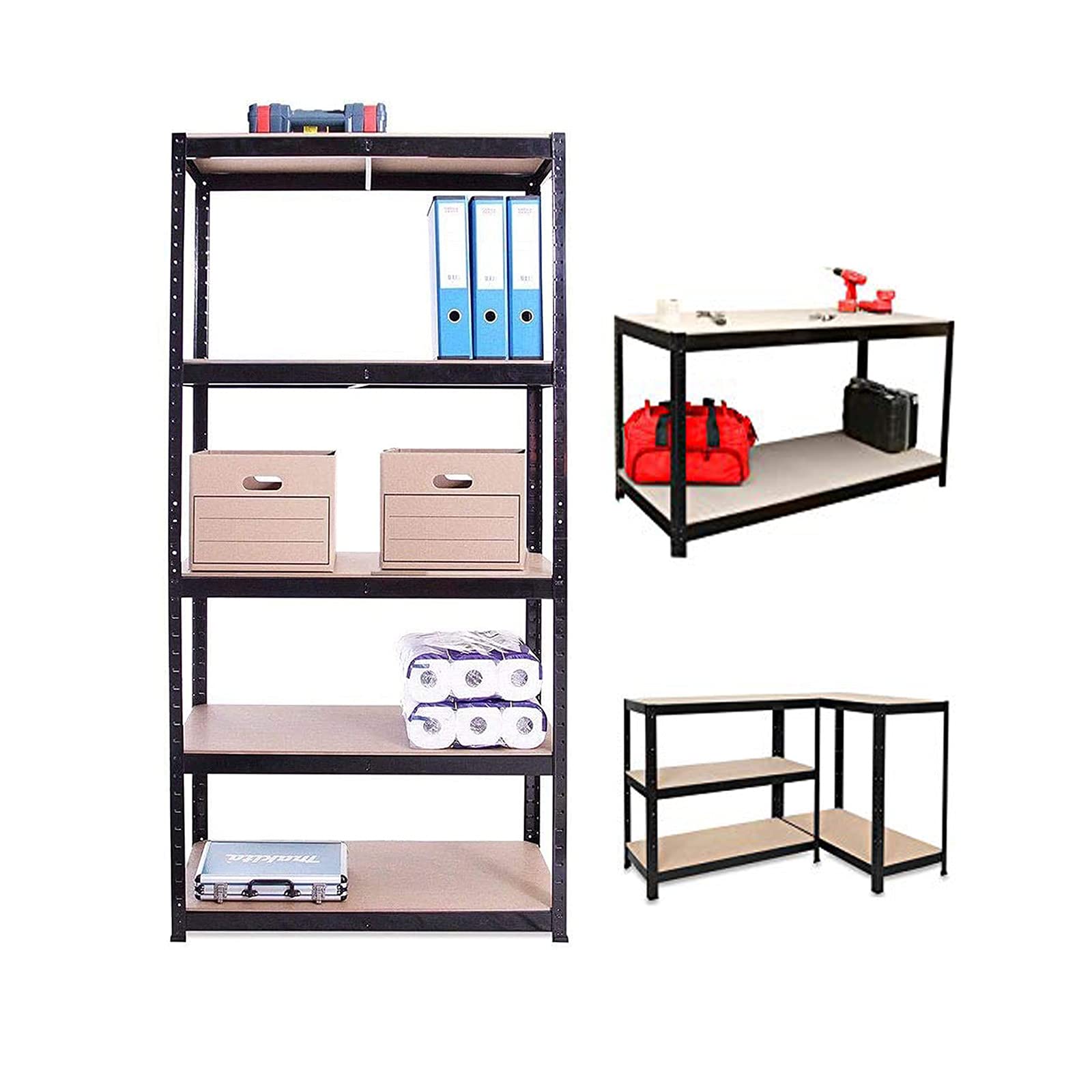 5-Tier Heavy Duty Steel Storage Shelves - Freestanding Boltless Adjustable Metal Shelving Unit for Garage, Home & Office (150x70x30cm, Black) - Perfect for Organizing Tools, Supplies & Household Items