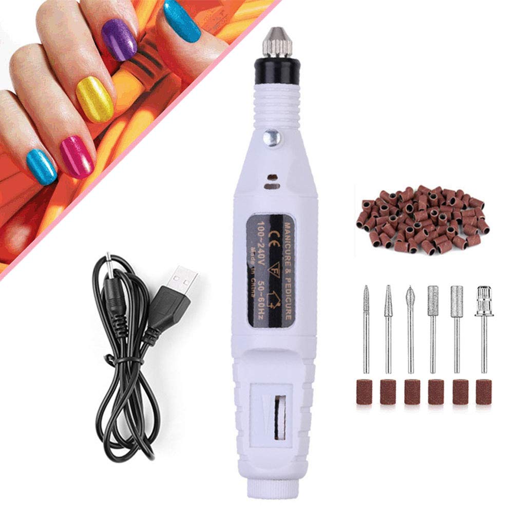 USB Electric Nail Drill Machine - Portable Manicure Pedicure Set Kit with 6 Nail Drill Bits & Sanding Bands, Professional Nail Art Polisher for Home & Salon Use (White) | Perfect for DIY Nail Care, Gel Polish Removal & Nail Extension Shaping