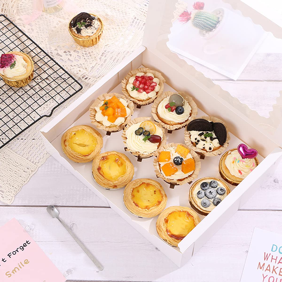 10-Pack White Kraft Cupcake Boxes with Windows & Inserts - 13x10x3.5 Inch Auto-Popup Bakery Boxes for 12 Cupcakes | Thick & Sturdy Paperboard Cake Containers | Perfect for Birthday Parties, Weddings & Bakery Businesses