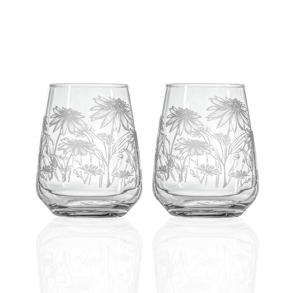 Wildflowers 15.75oz Stemless Wine Tumbler Glass Set of 2 - Perfect for Outdoor Picnics, Dinner Parties & Home Decor