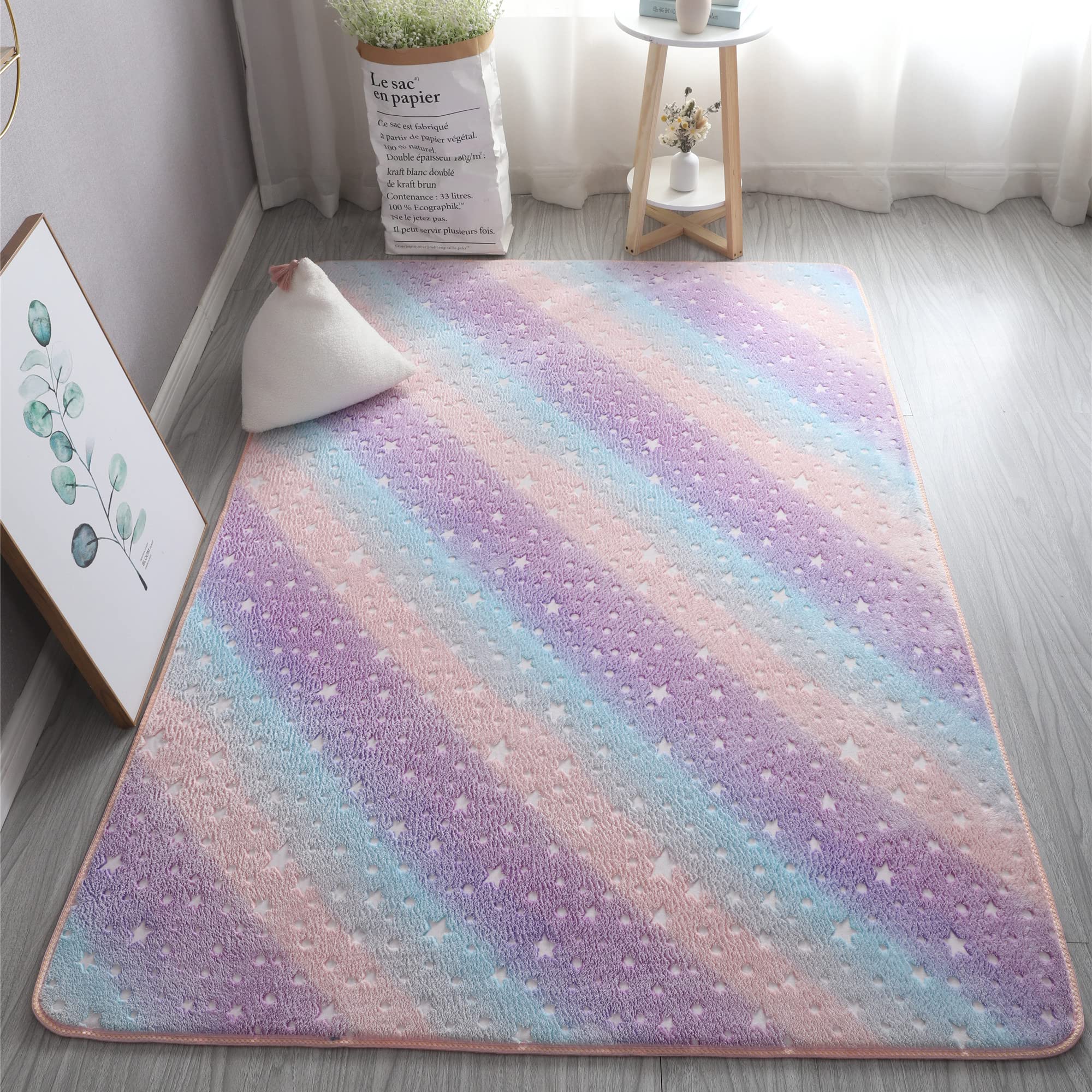 Glow in The Dark Area Rug - Soft Washable Modern Indoor Carpet for Bedroom, Living Room, Kids Room & Dorm Decor - Rainbow Stars Design (6.6x8.2 Feet) - Perfect for Nighttime Safety, Themed Rooms & Cozy Home Decor