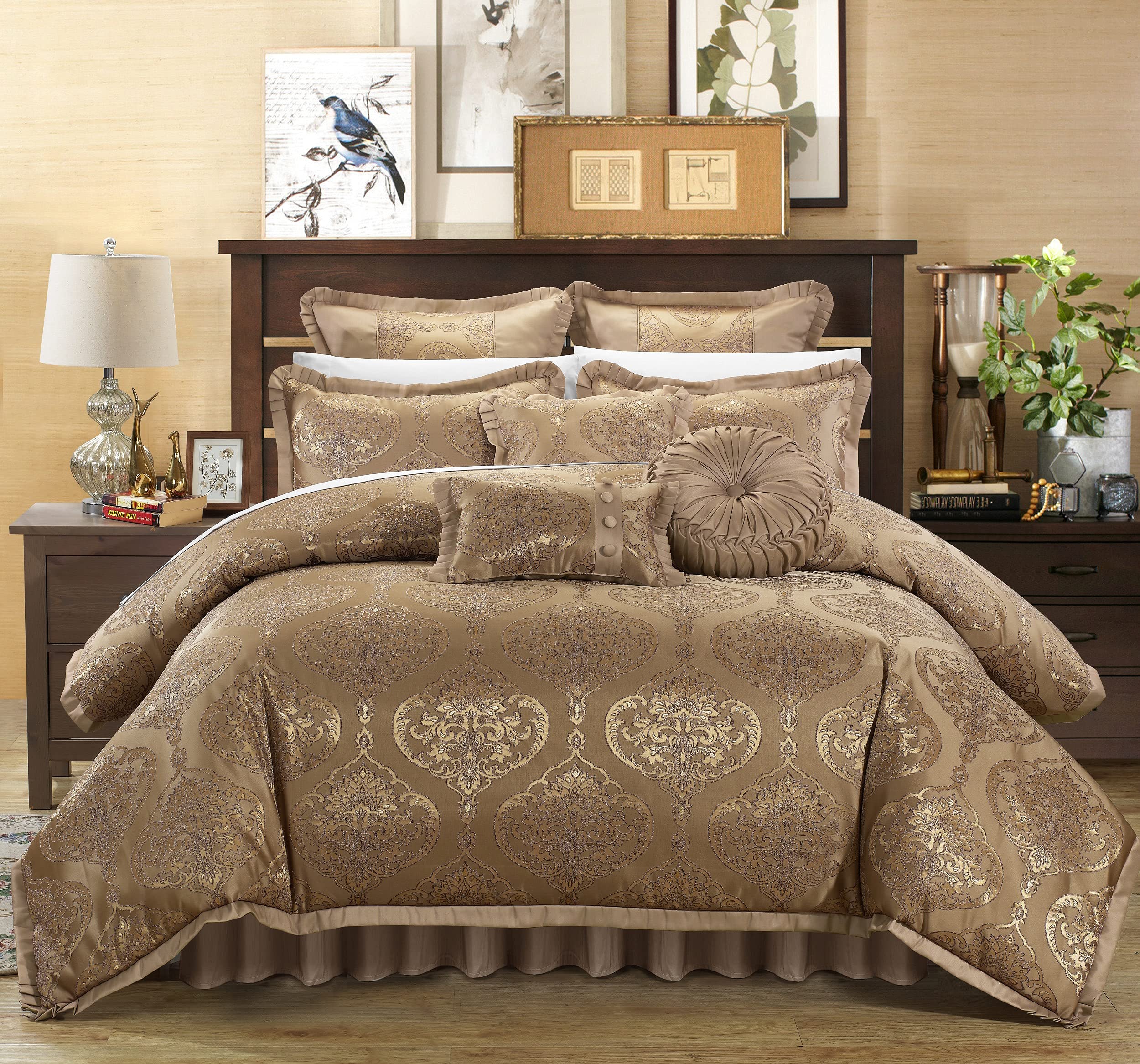 Chic Home 9-Piece Como Jacquard Comforter Set with Pillows - Queen Size, Gold Upholstery Quality Bedding Ensemble | Perfect for Master Bedroom, Guest Room & Luxury Home Decor
