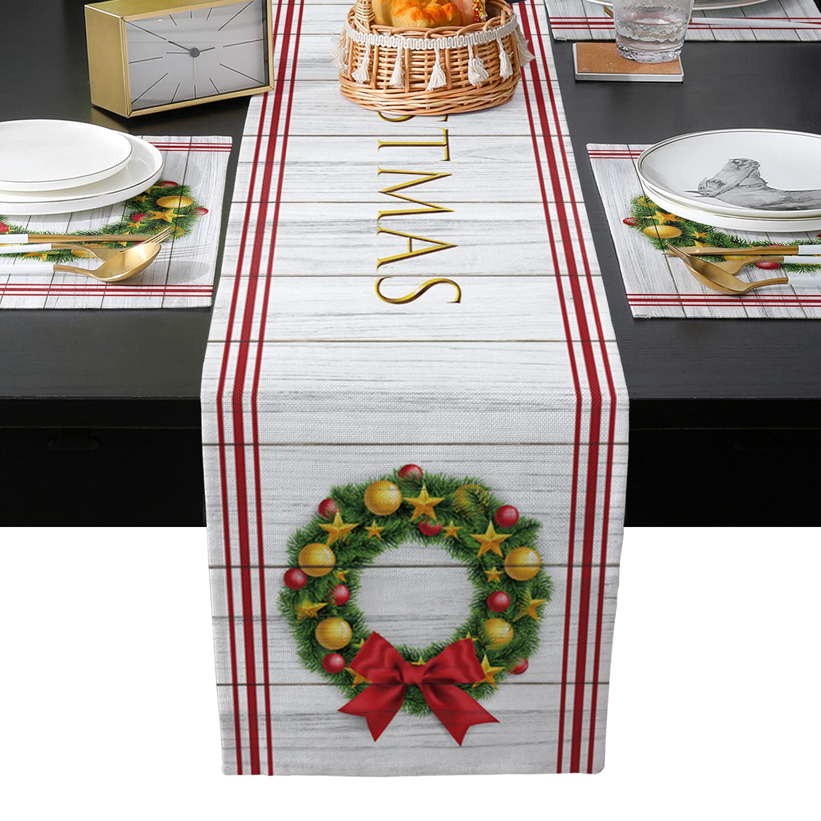 Christmas Wreath Farmhouse Style Table Runner and Placemats Set - 90 Inch Heat Resistant Cotton Linen Dining Table Runner with 4 Washable Table Mats - Perfect for Holiday Decor, Kitchen Dining, and Farmhouse Home Decor